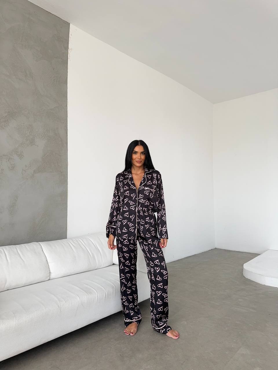 Berhani Pudra Kalp Desenli Siyah Kadın Pijama 