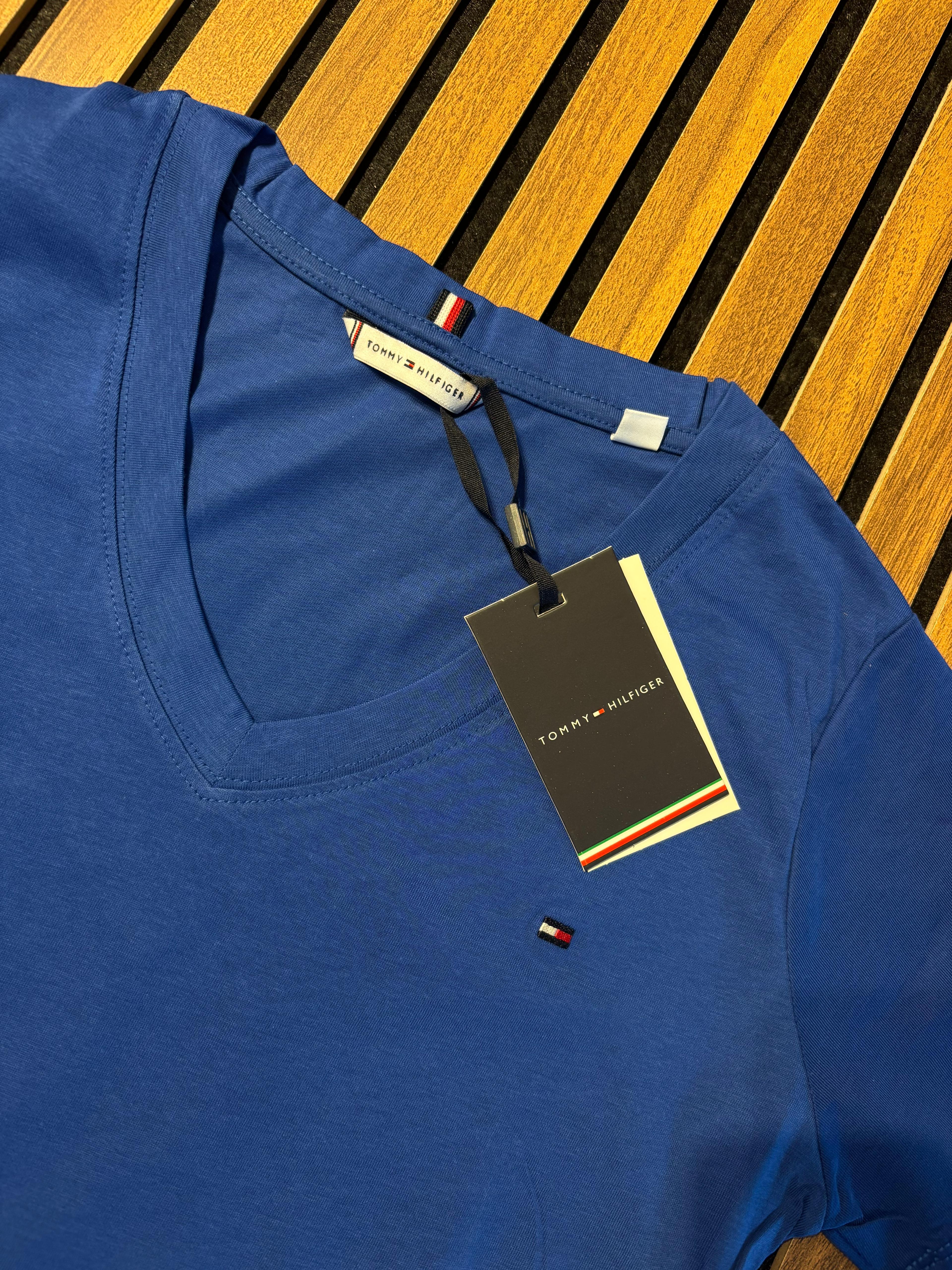 TOMMY HILFIGER V Yaka Mavi Kadın T-Shirt 2559-2