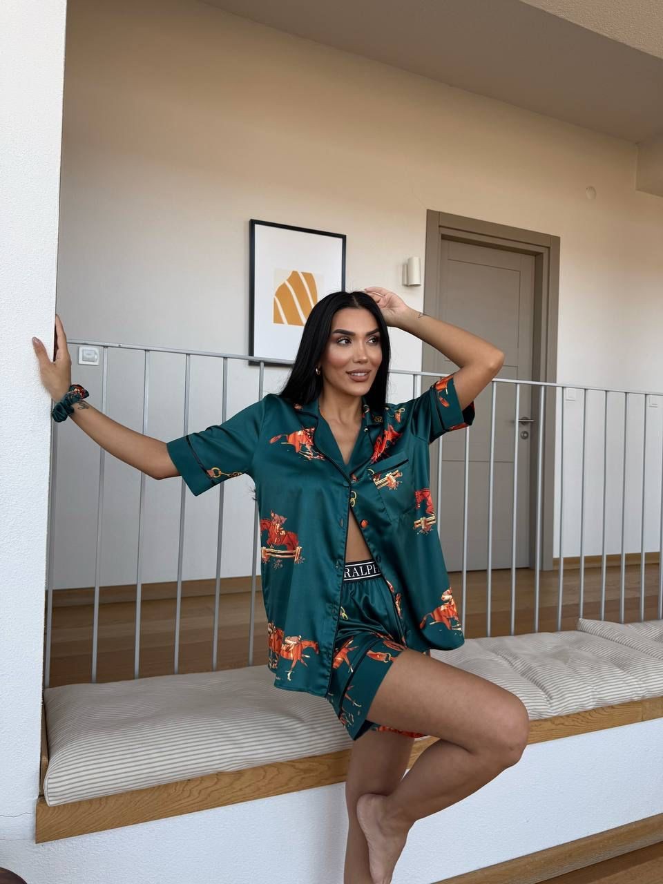 POLO Jokey Lastik Bel Yeşil Kısa Kollu Saten Pijama 0062