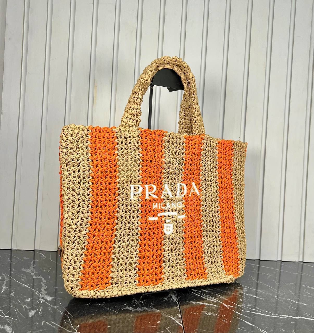 Prada Turuncu Detaylı Raffia Tote Bag 46x34 cm