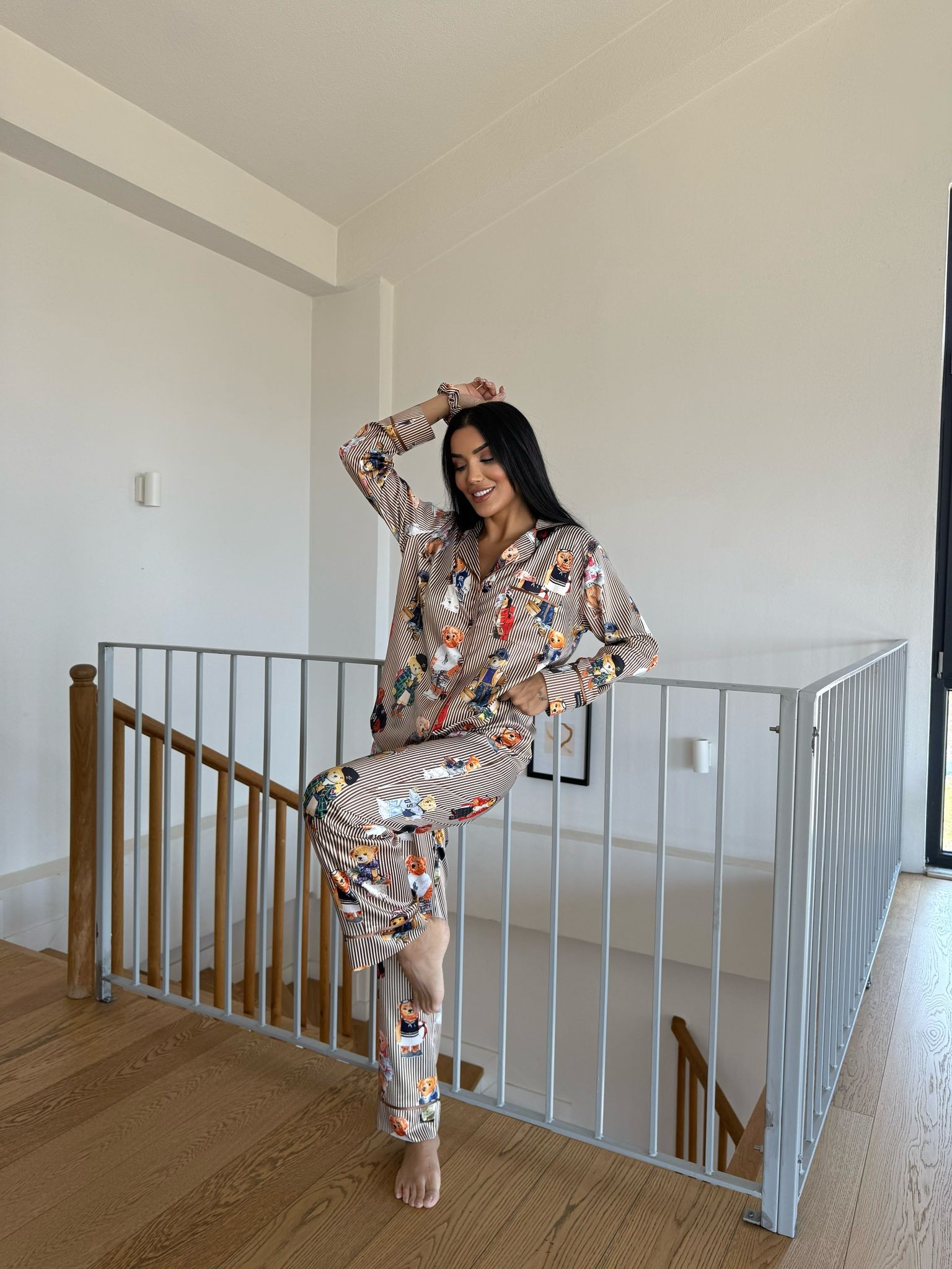 POLO Lastik Bel Kahve Çizgili Ayıcık Uzun Kollu Saten Pijama 0074