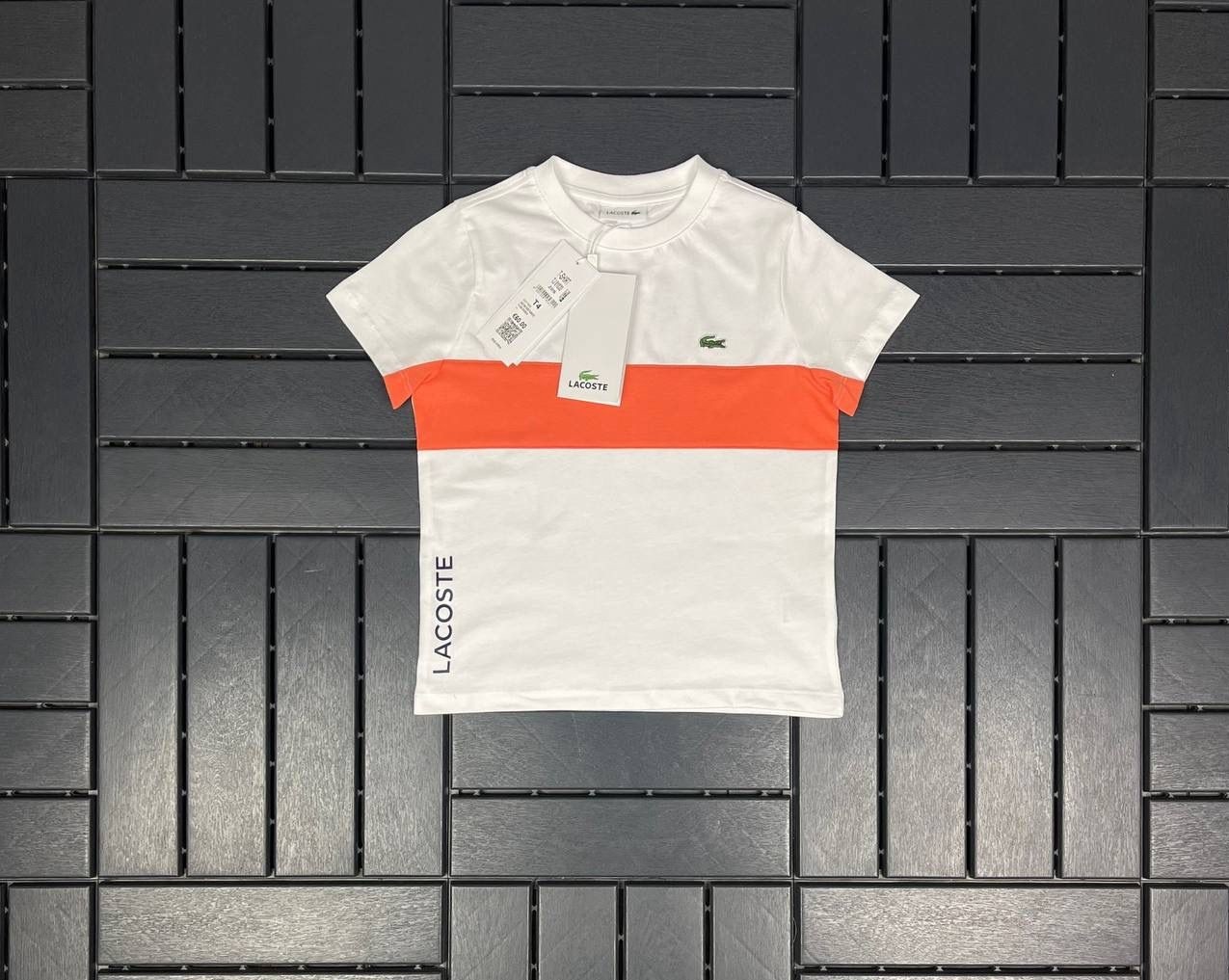 LACOSTE Logo ve Turuncu Şerit Detaylı Beyaz Çocuk T-Shirt 81020