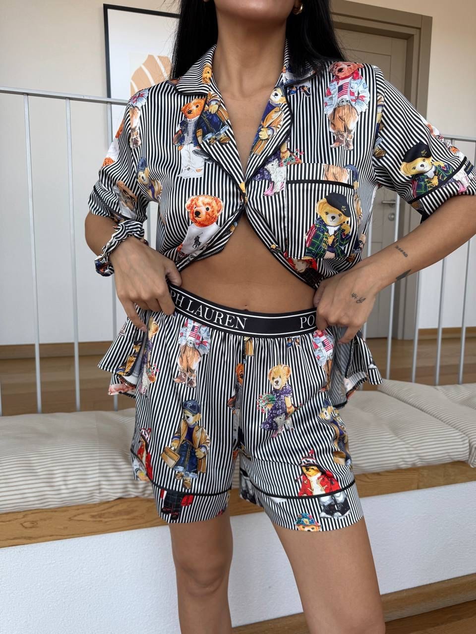 POLO Lastik Bel Siyah Çizgili Ayıcık Kısa Kollu Saten Pijama 0064