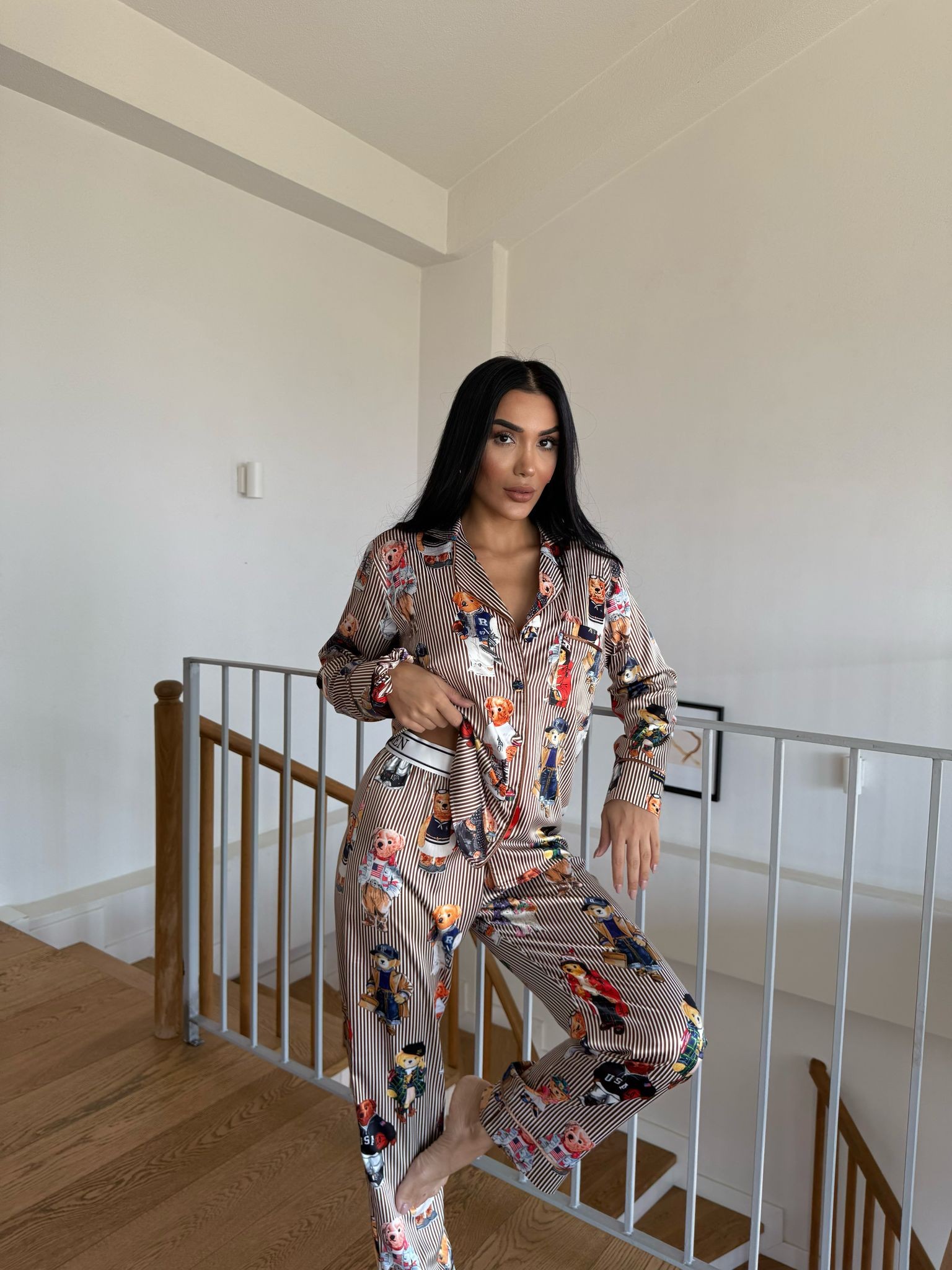 POLO Lastik Bel Kahve Çizgili Ayıcık Uzun Kollu Saten Pijama 0074