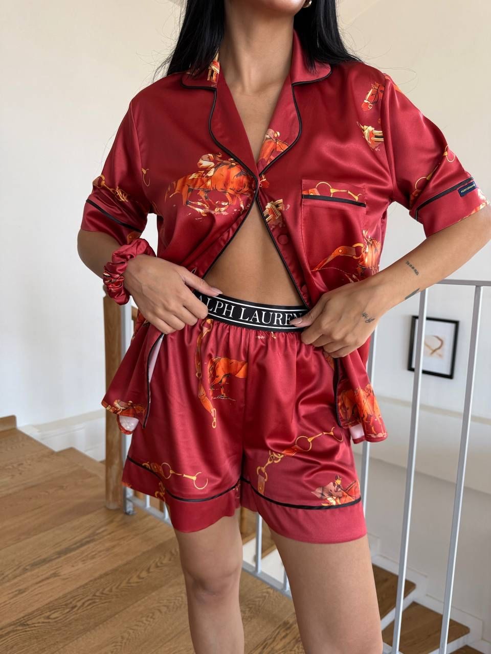 POLO Jokey Lastik Bel Bordo Kısa Kollu Saten Pijama 0061