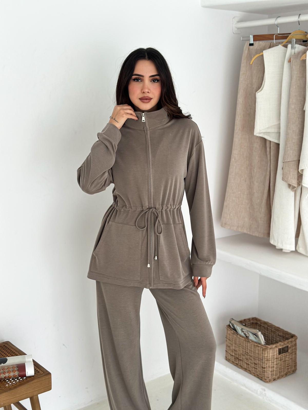 Berhani Modal Kumaş Fermuarlı Bej Kadın Takım YKM31179