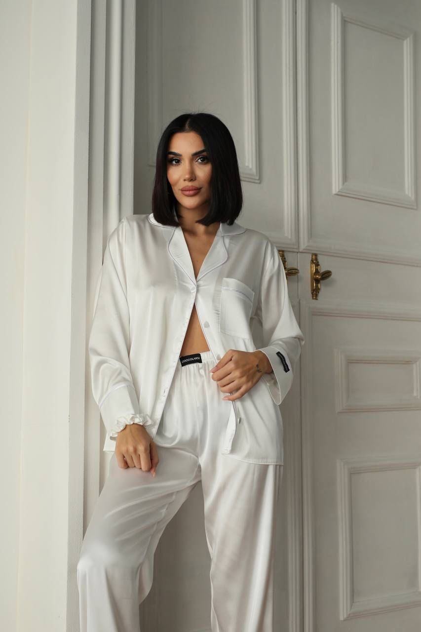 BERHANİ Beyaz Düz Uzun Kollu Saten Pijama 1654
