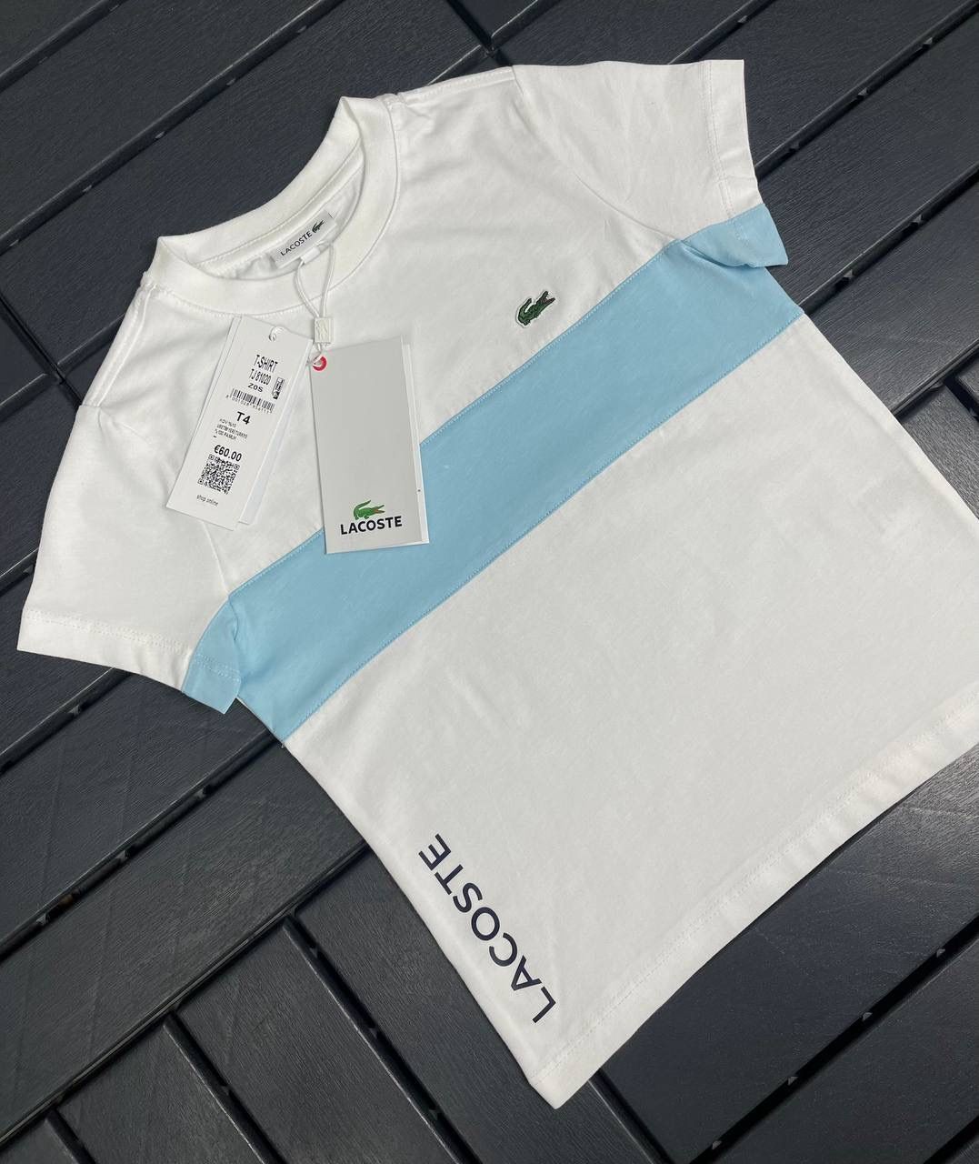 LACOSTE Logo ve Mavi Şerit Detaylı Beyaz Çocuk T-Shirt 81020