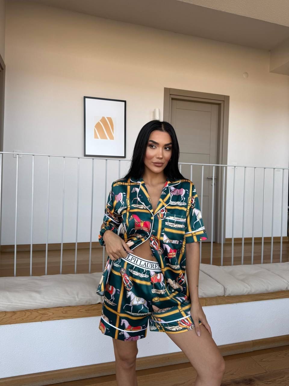 POLO Cep Detaylı Yeşil Saten Kısa Kollu Pijama 0057