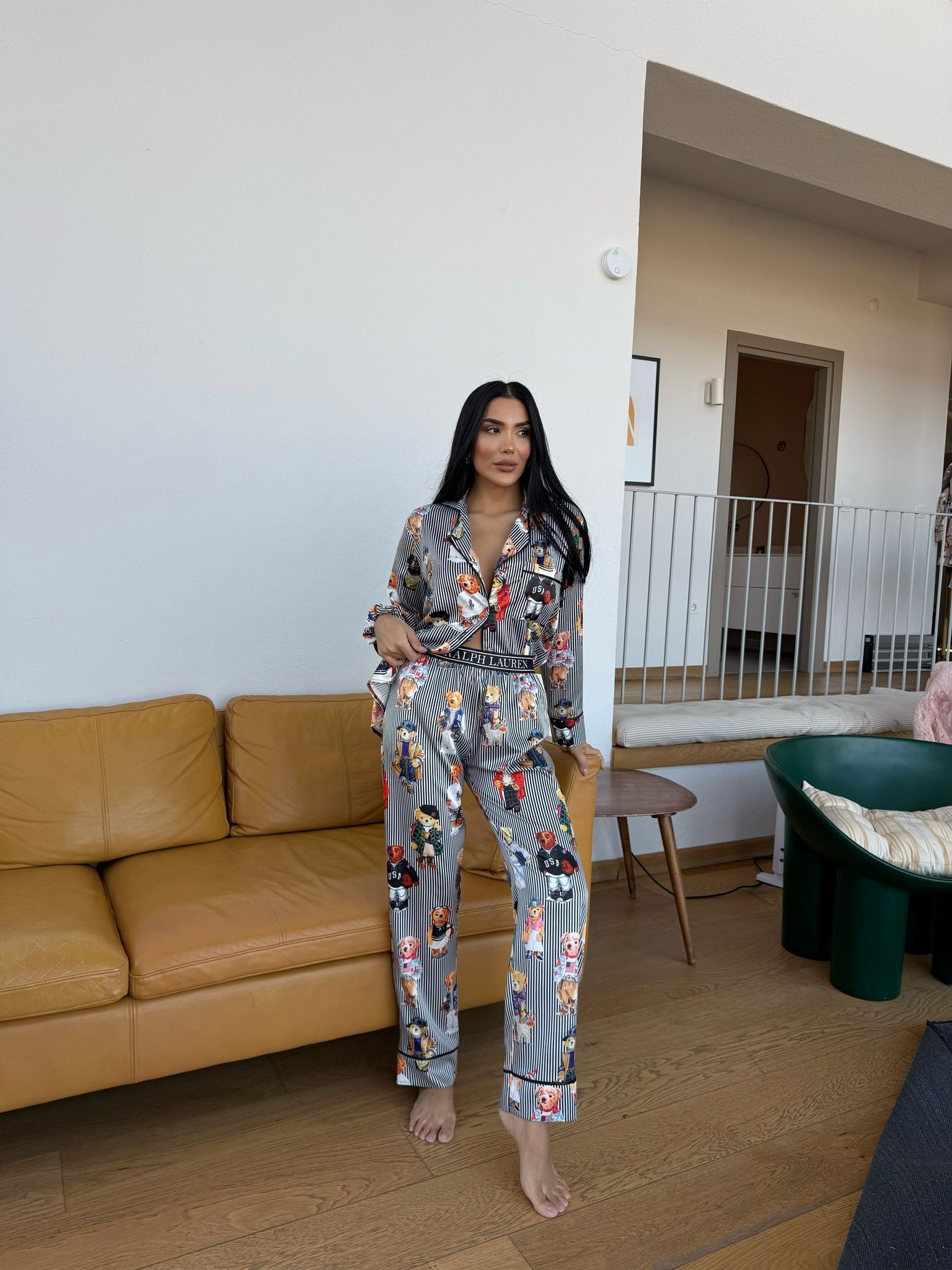 POLO Lastik Bel Siyah Çizgili Ayıcık Uzun Kollu Saten Pijama 0073