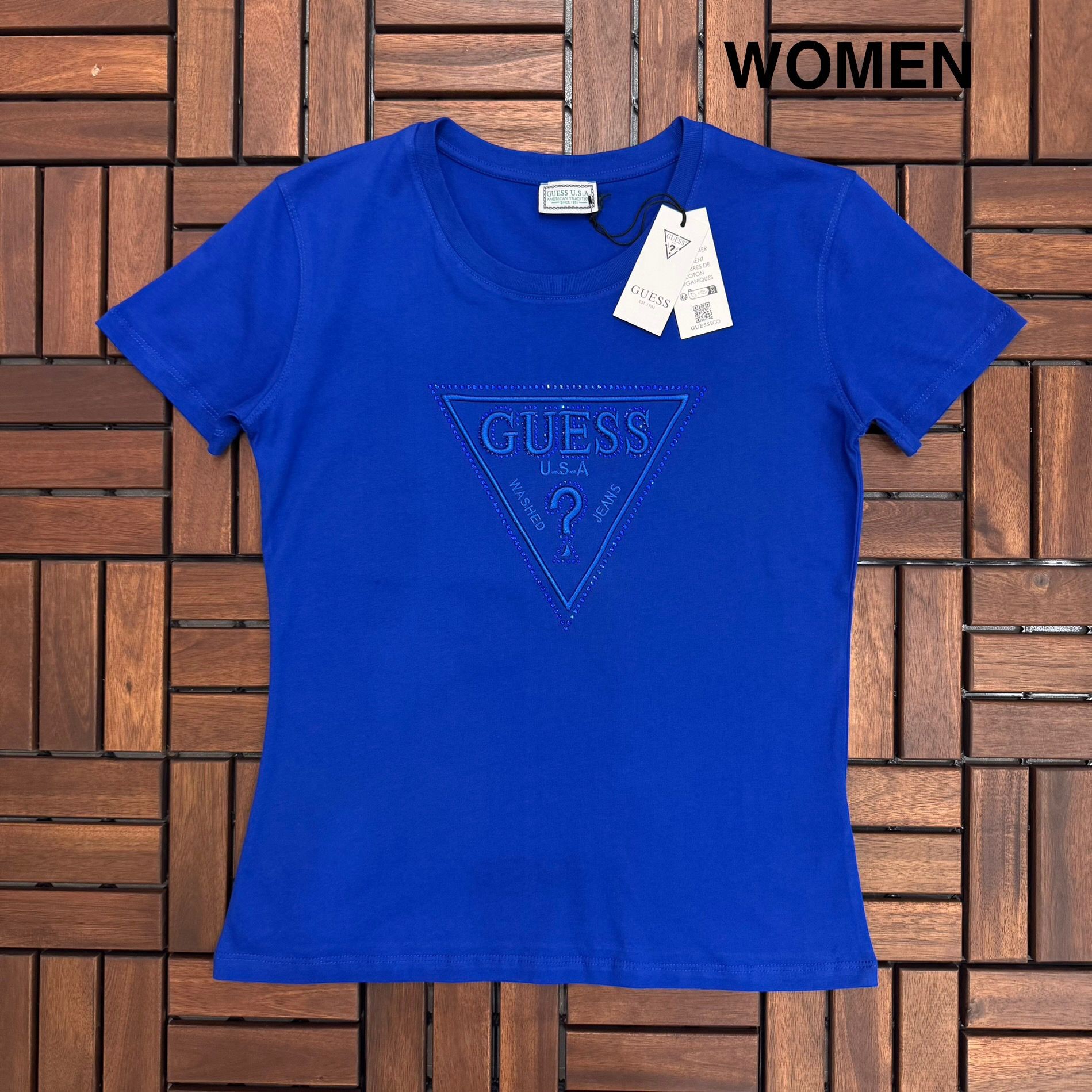 GUESS Taş İşlemeli ve Nakış Detaylı Mavi Kadın T-Shirt BES27