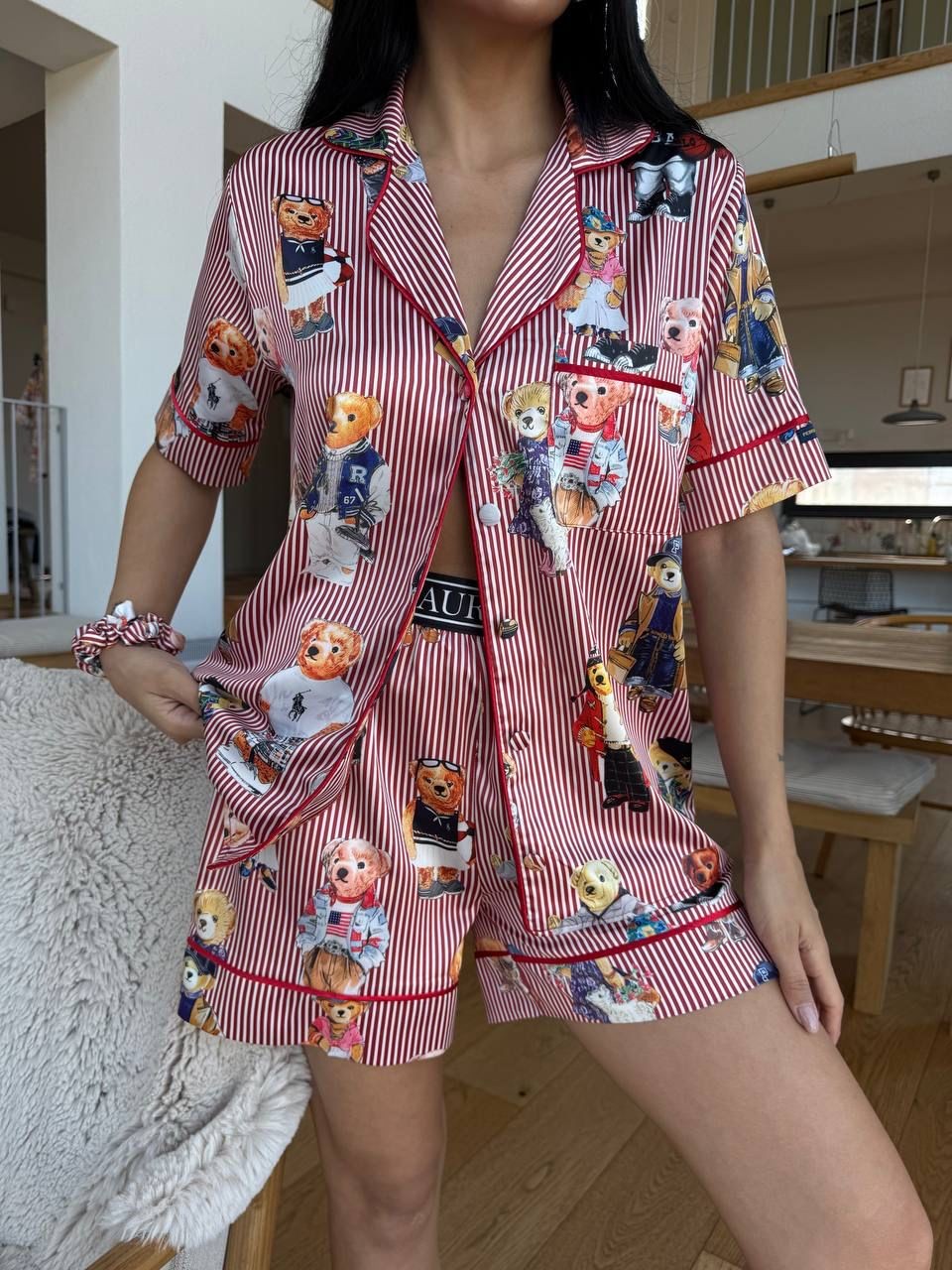 POLO Lastik Bel Bordo Çizgili Ayıcık Kısa Kollu Saten Pijama 0063
