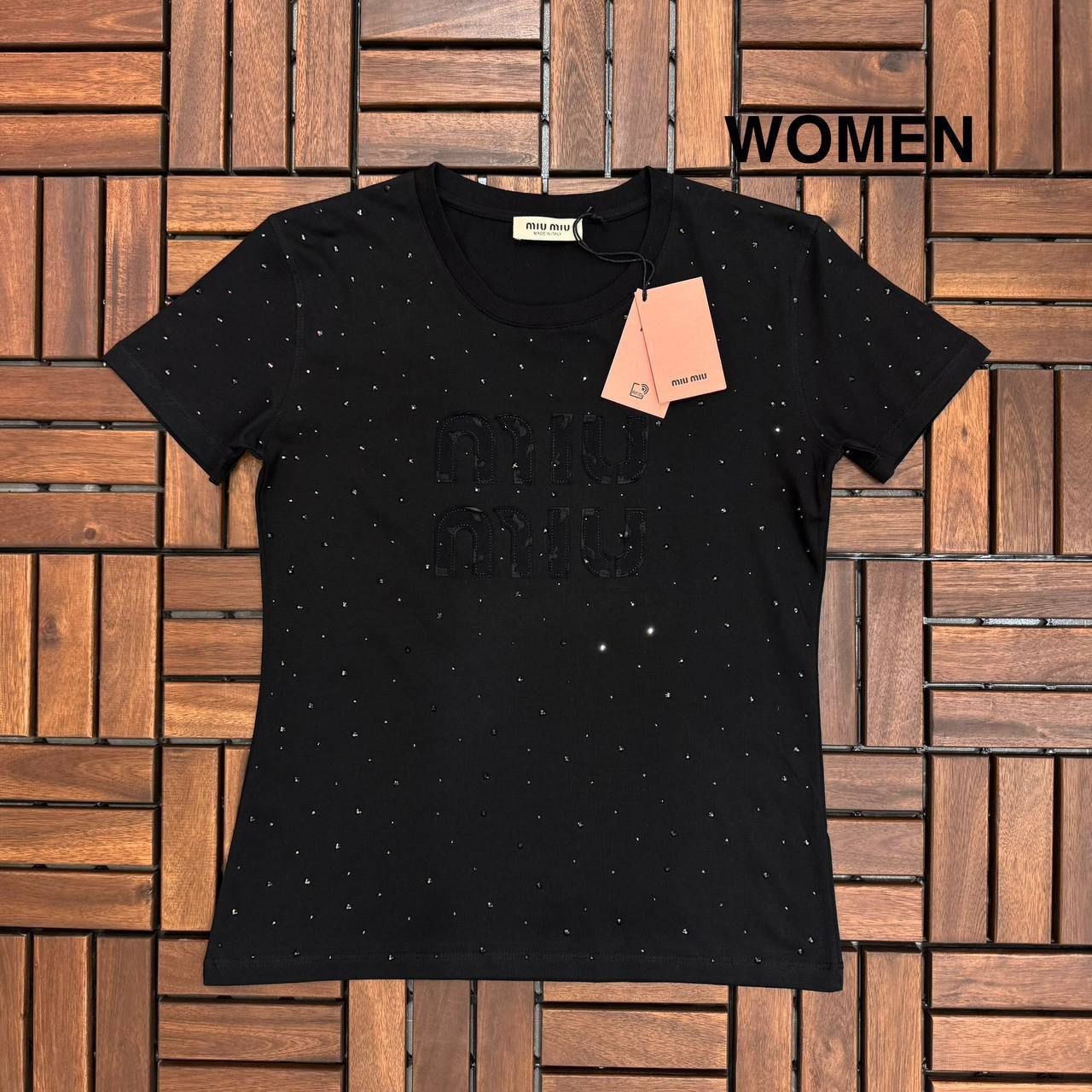 MIU MIU Taş Detaylı Siyah Kadın T-Shirt BES11