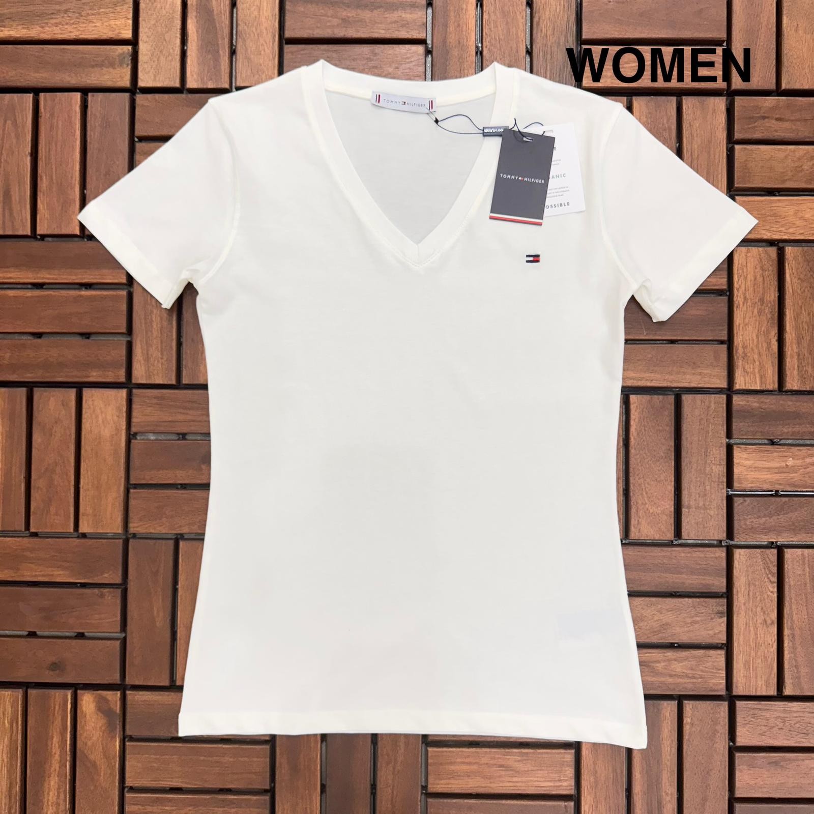 TOMMY HILFIGER V Yaka Beyaz Kadın T-Shirt 2559-2