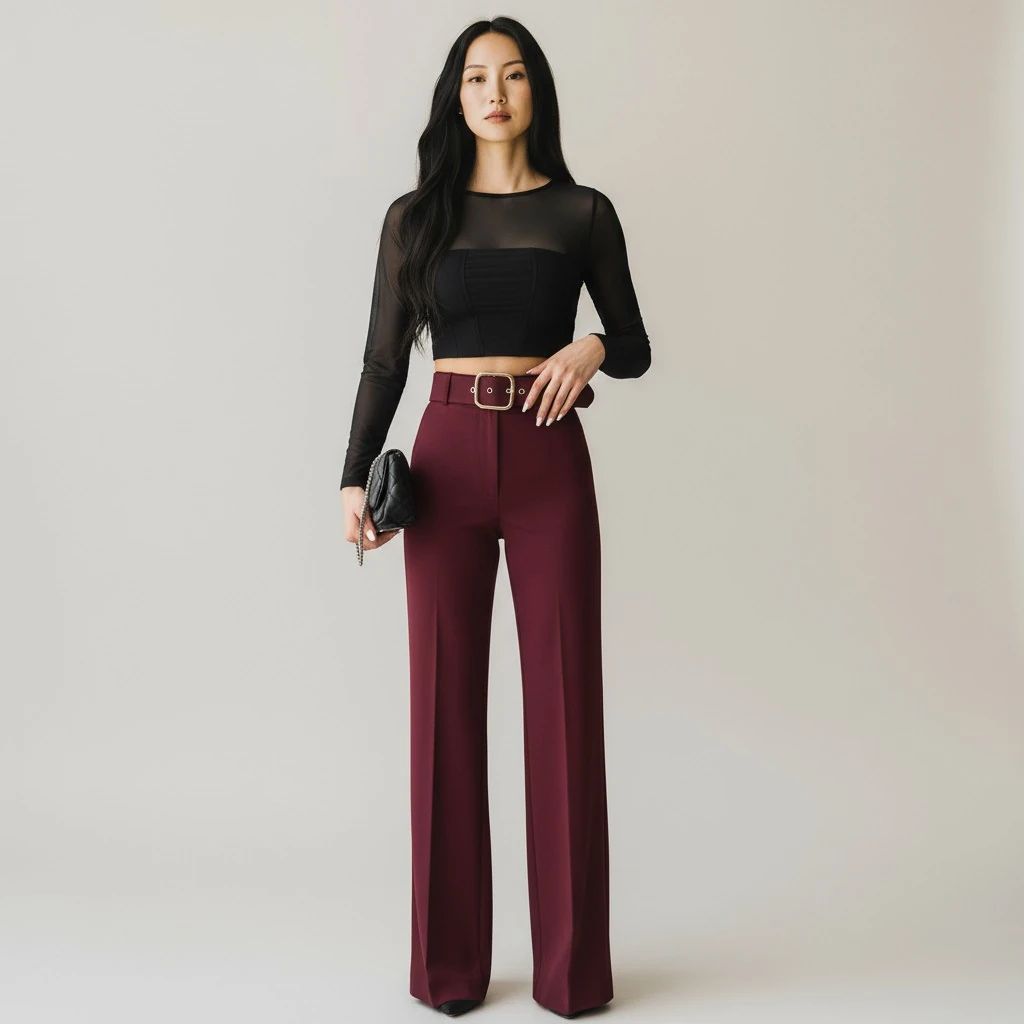 Berhani Likralı Bol Paça Palazzo Bordo Kadın Pantolon 9010