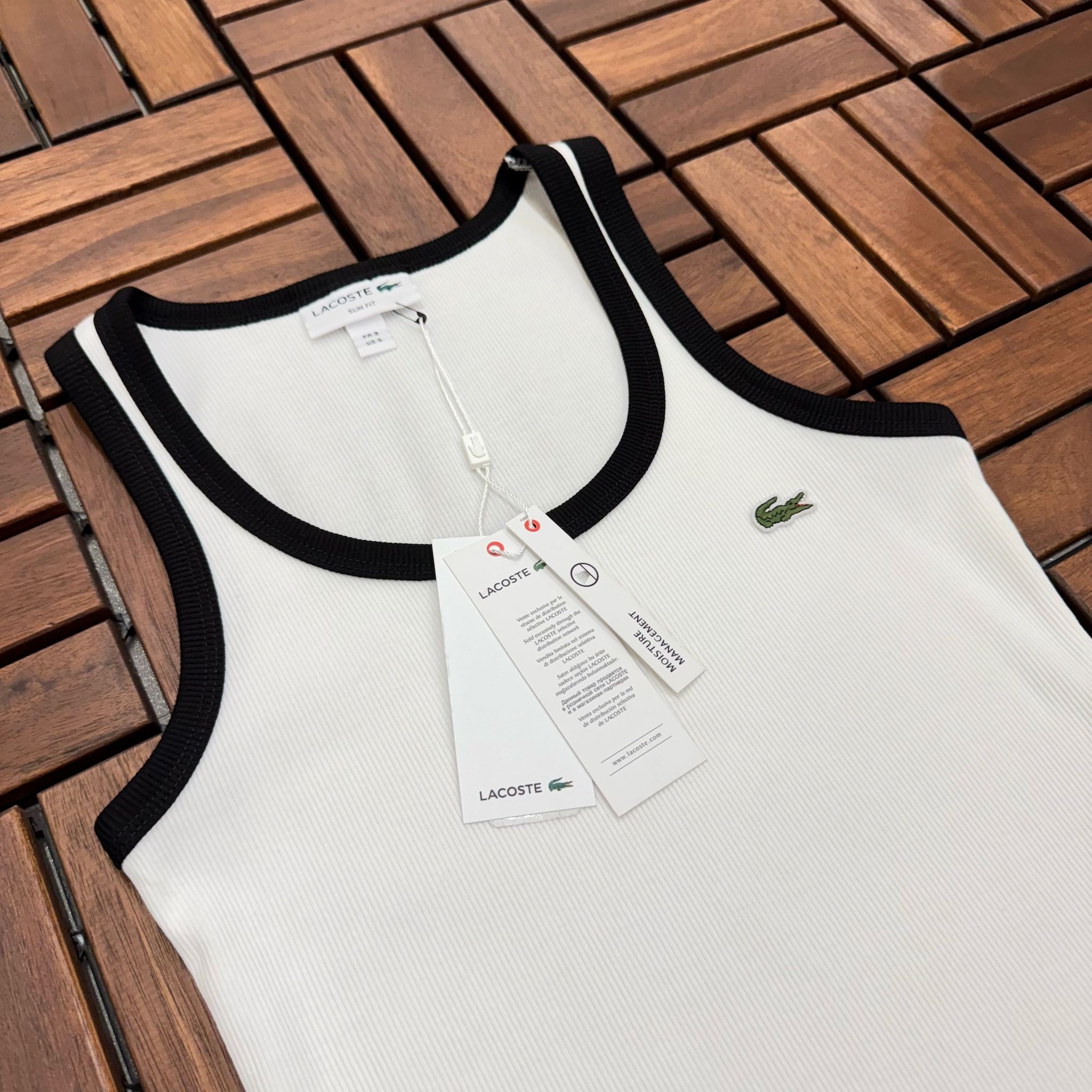 Lacoste Beyaz Siyah Çizgili Fitilli Jarse Kadın Atlet AH416