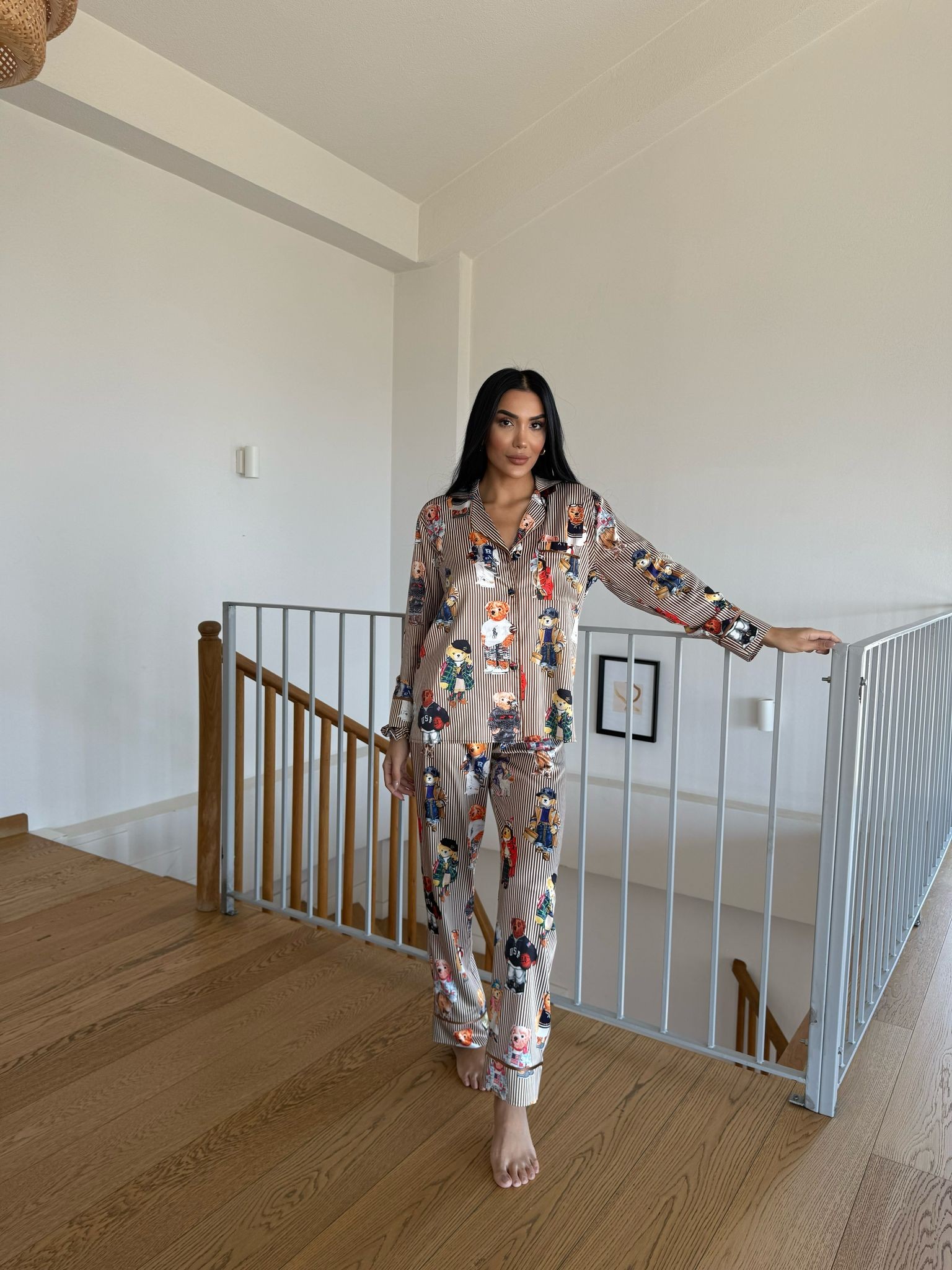POLO Lastik Bel Kahve Çizgili Ayıcık Uzun Kollu Saten Pijama 0074
