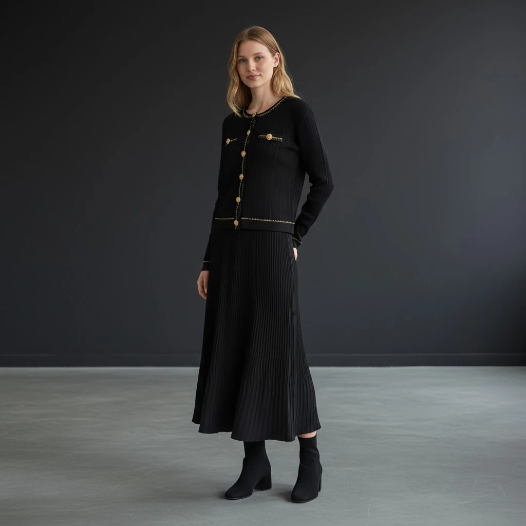 Berhani Gold Düğmeli Etekli Siyah Kadın Takım 260B