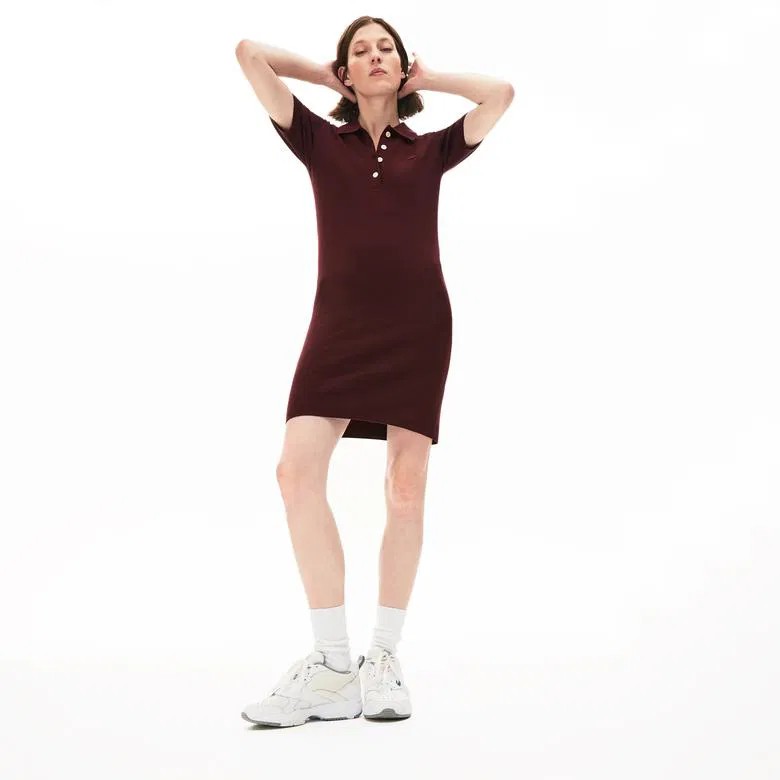 Lacoste Kadın Slim Fit Kısa Kollu Polo Yaka Bordo Elbise