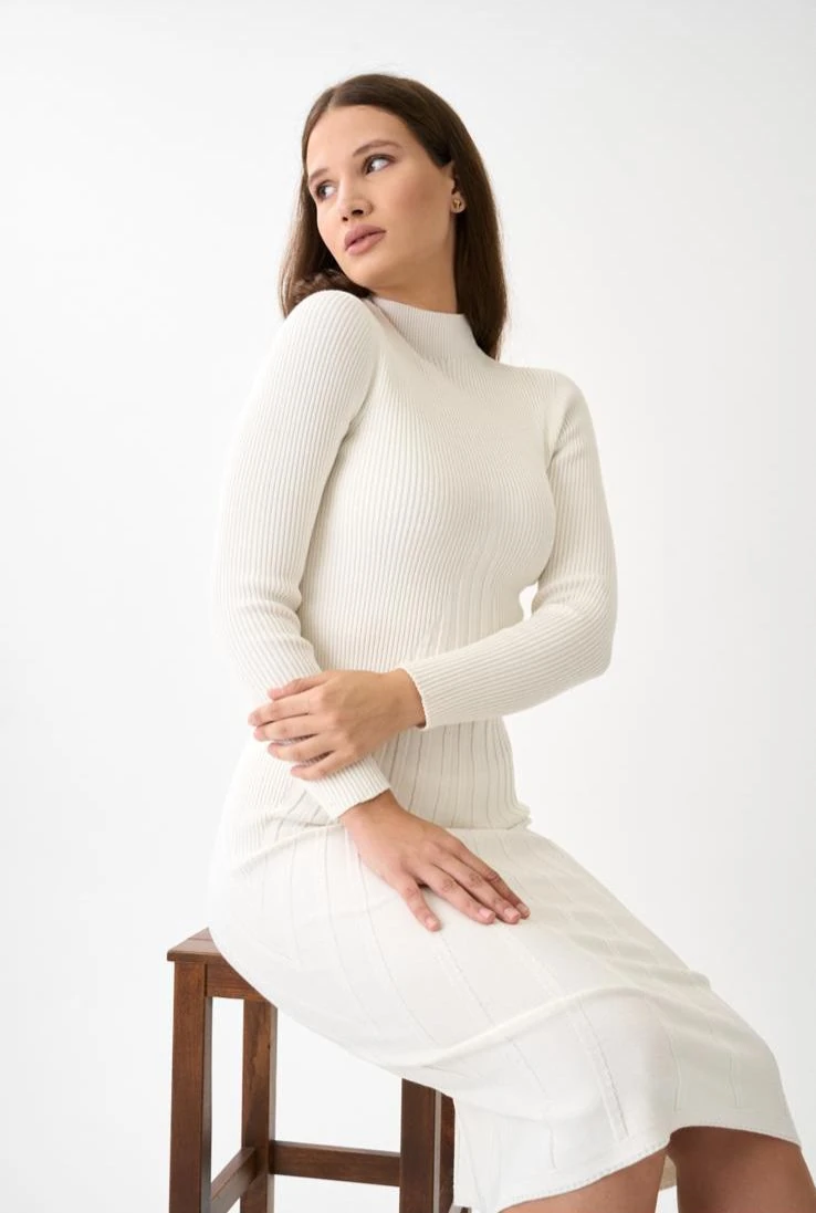 Berhani Fitilli Desen Ekru Kadın Triko Elbise 274B