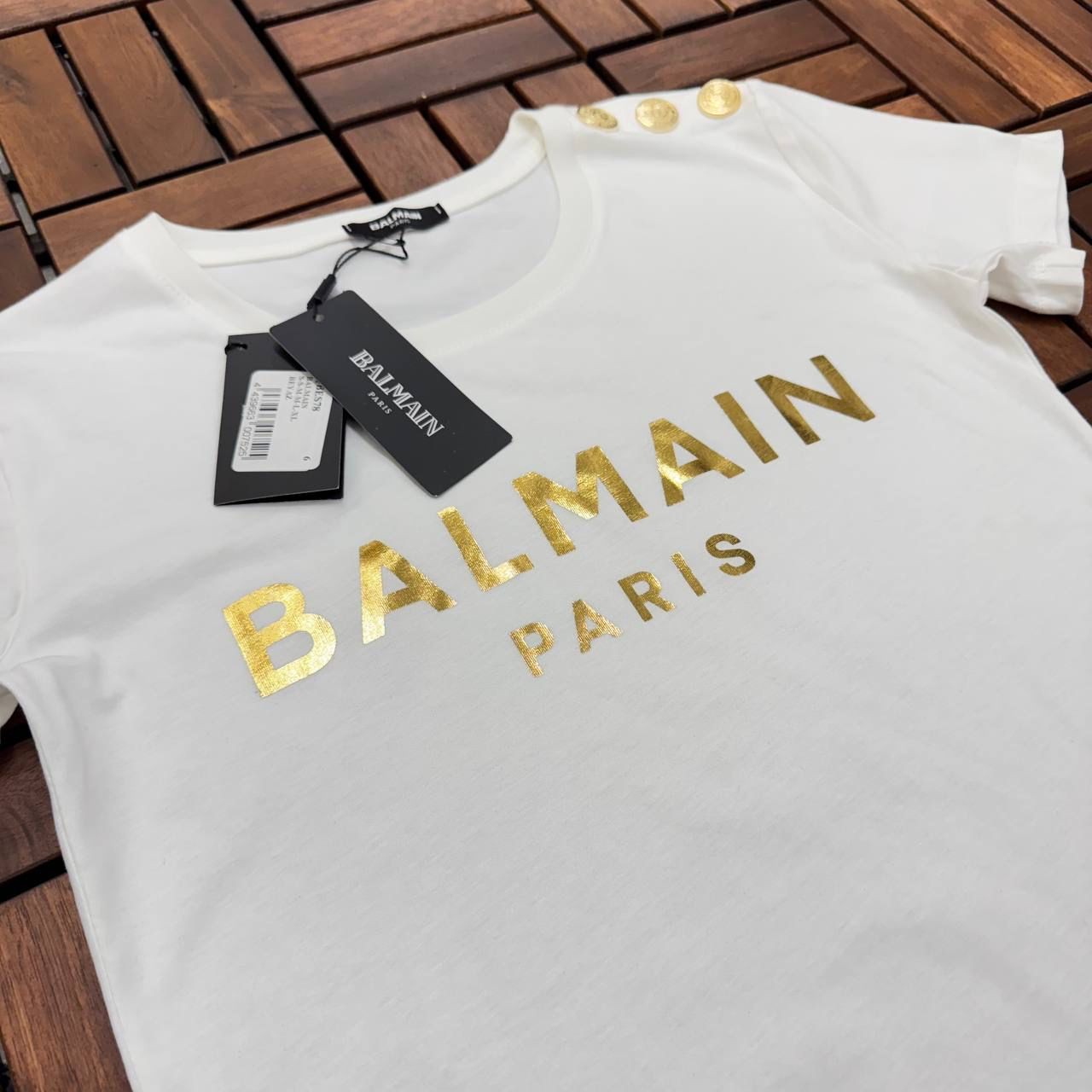 Balmain Beyaz Gold Detaylı Kadın T-shirt 5023