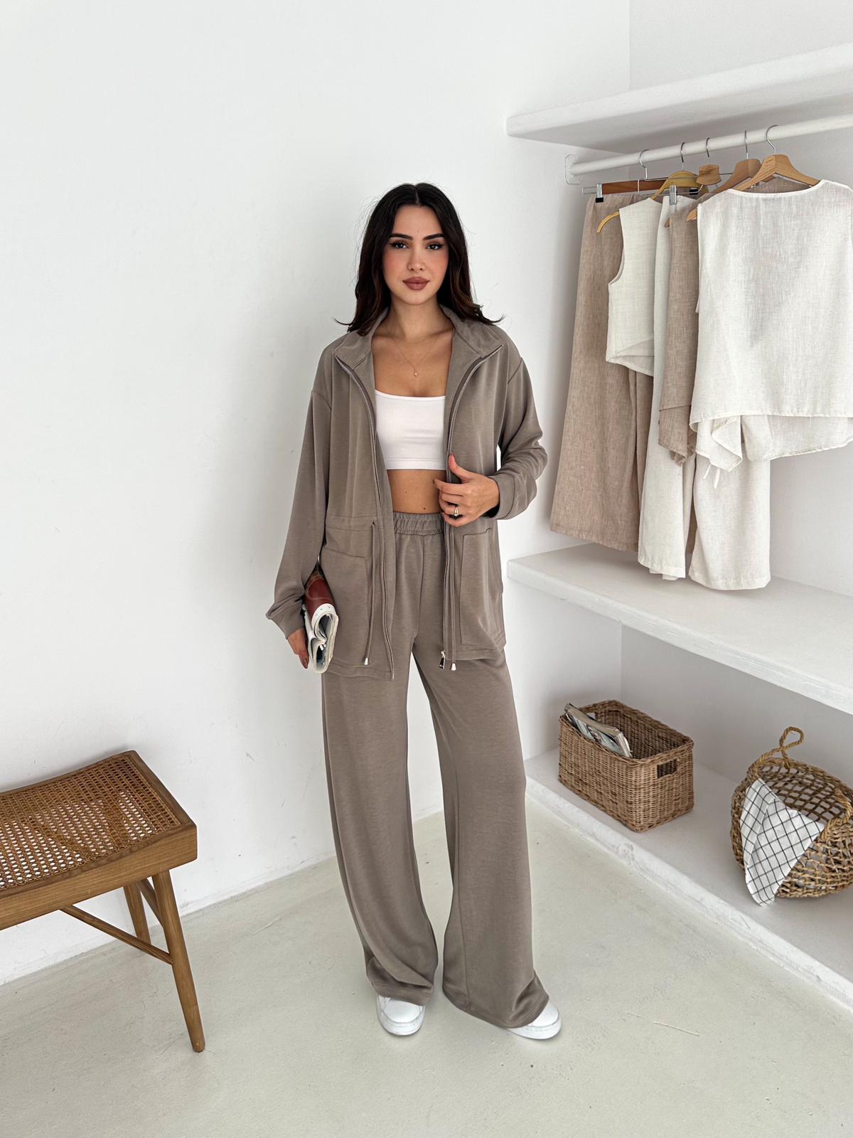 Berhani Modal Kumaş Fermuarlı Bej Kadın Takım YKM31179