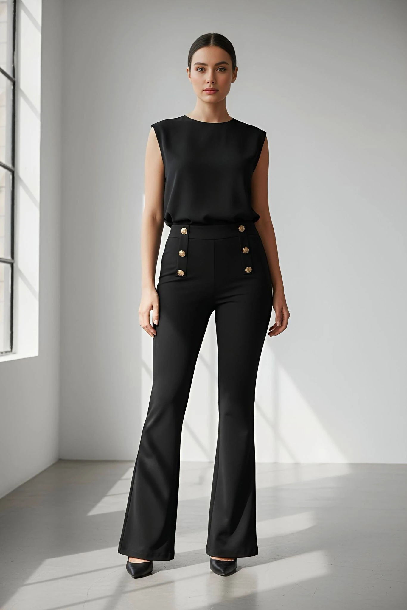 Berhani Likralı Krep Kumaş Gold Düğmeli İspanyol Paça Siyah Kadın Pantolon 9027