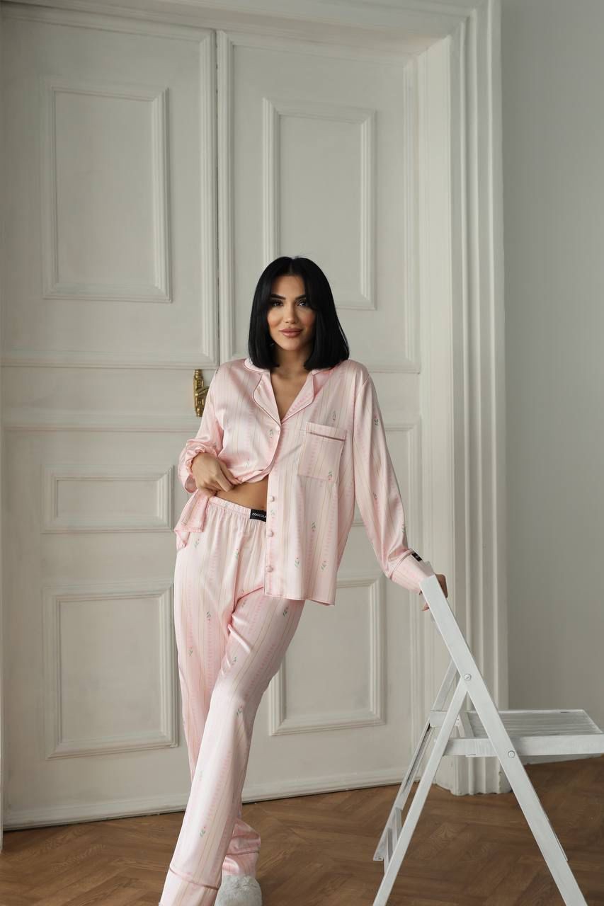Berhani Saten Kadın Pijama Takımı Pembe Çizgili