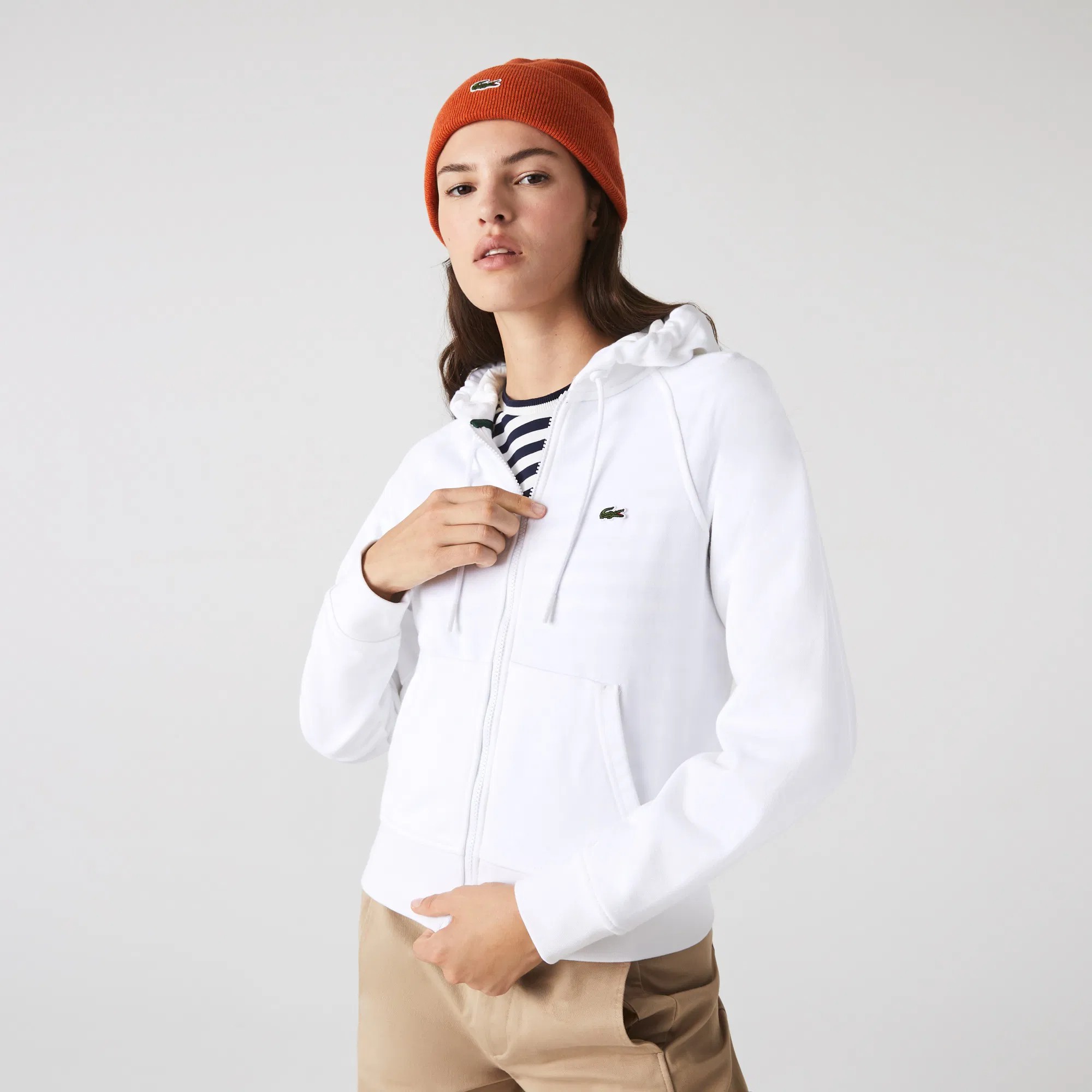 Lacoste Fermuar Kapüşonlu Beyaz Kadın Sweatshirt AH042
