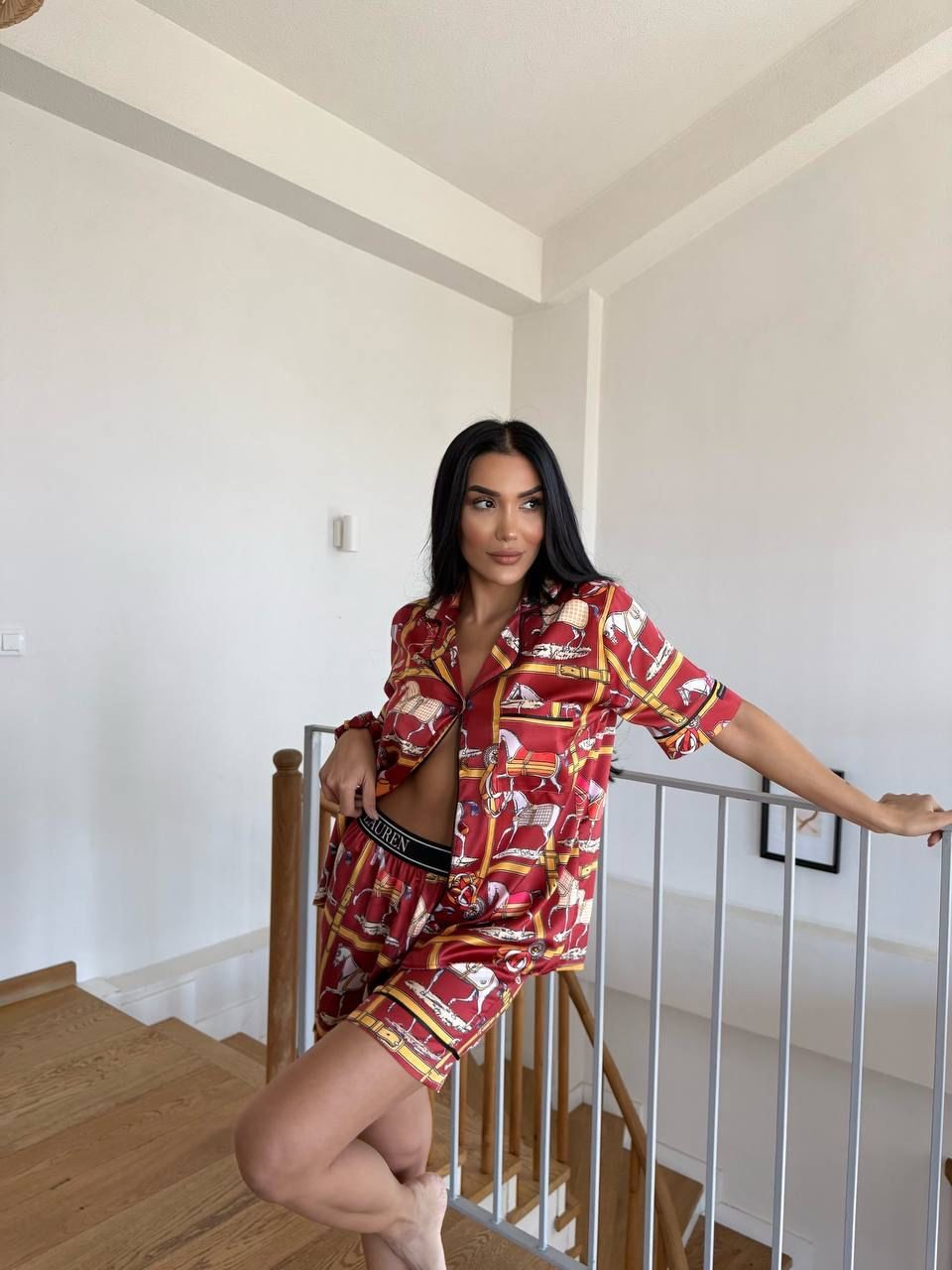 POLO Cep Detaylı Bordo Saten Kısa Kollu Pijama 0058