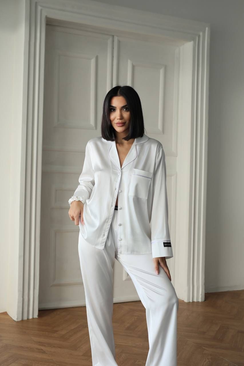BERHANİ Beyaz Düz Uzun Kollu Saten Pijama 1654