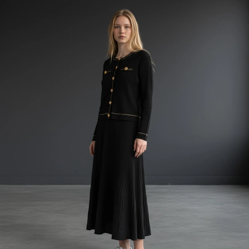 Berhani Gold Düğmeli Etekli Siyah Kadın Takım 260B