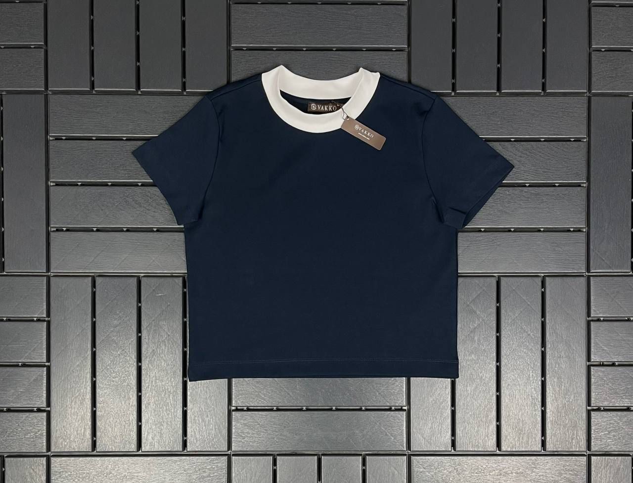 VAKKO Beyaz Yaka Detaylı Lacivert Kadın T-Shirt 2574