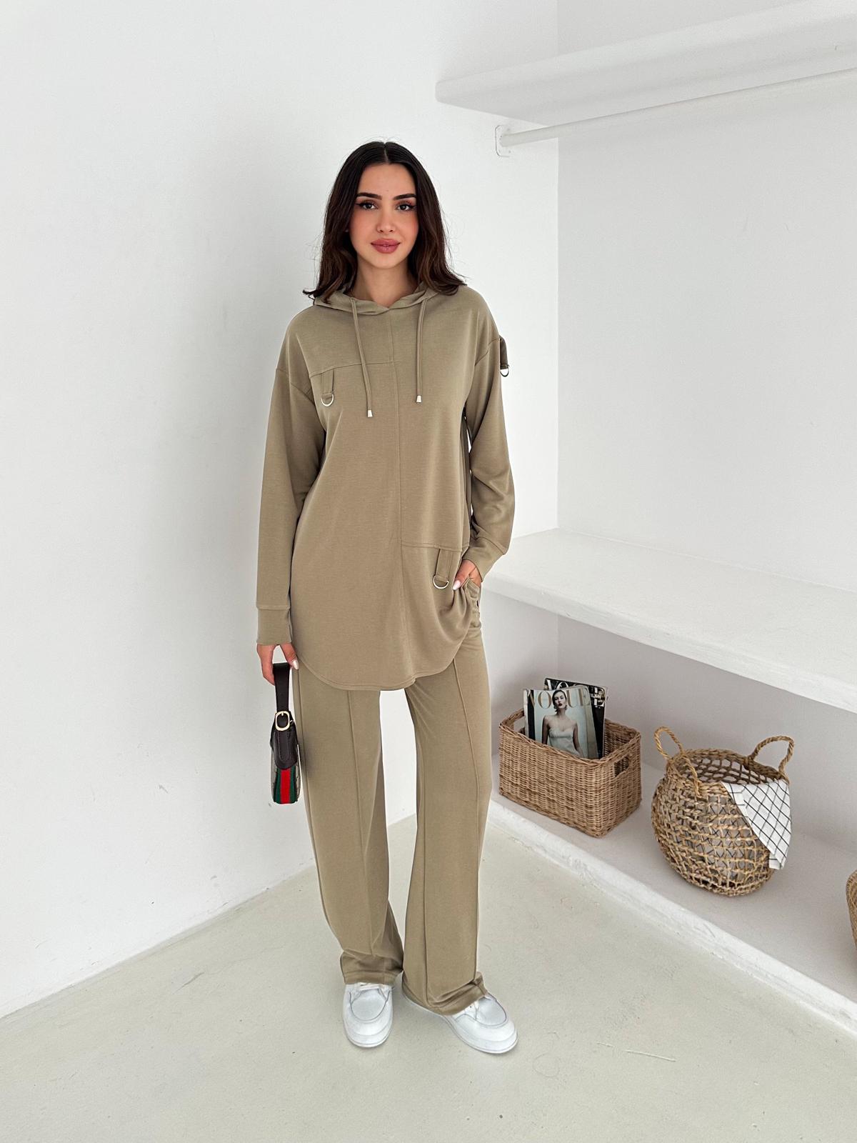 Berhani Modal Kumaş Toka Detaylı Bej Kadın Takım YKM31180