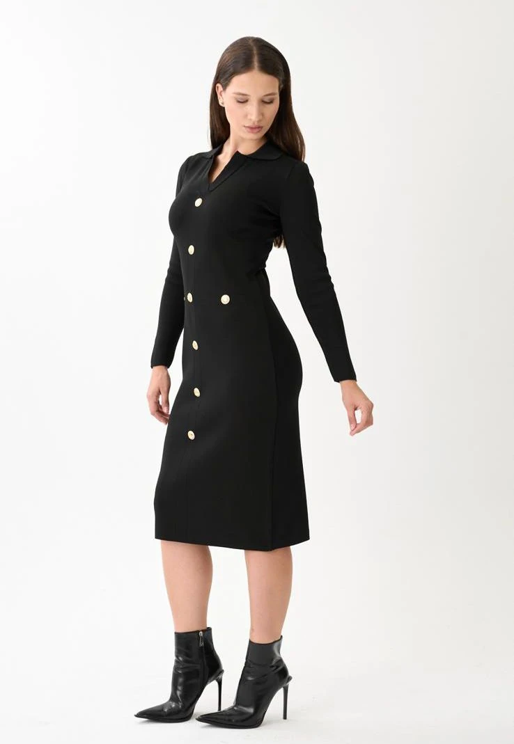 Berhani Düğme Detay Siyah Kadın Elbise 130B