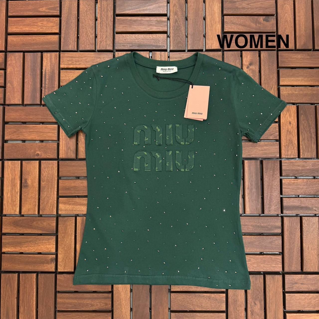 MIU MIU Taş Detaylı Yeşil Kadın T-Shirt BES11