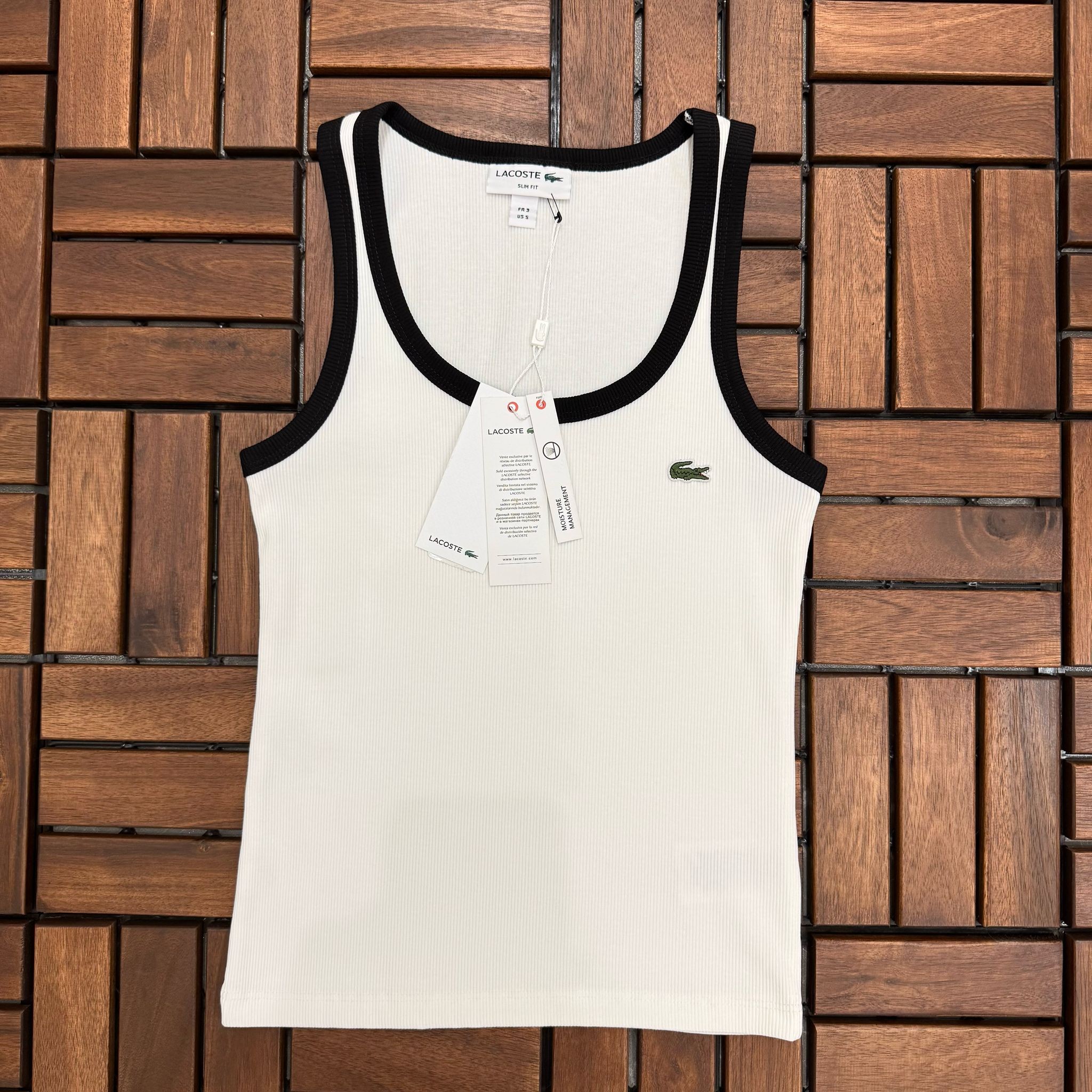 Lacoste Beyaz Siyah Çizgili Fitilli Jarse Kadın Atlet AH416