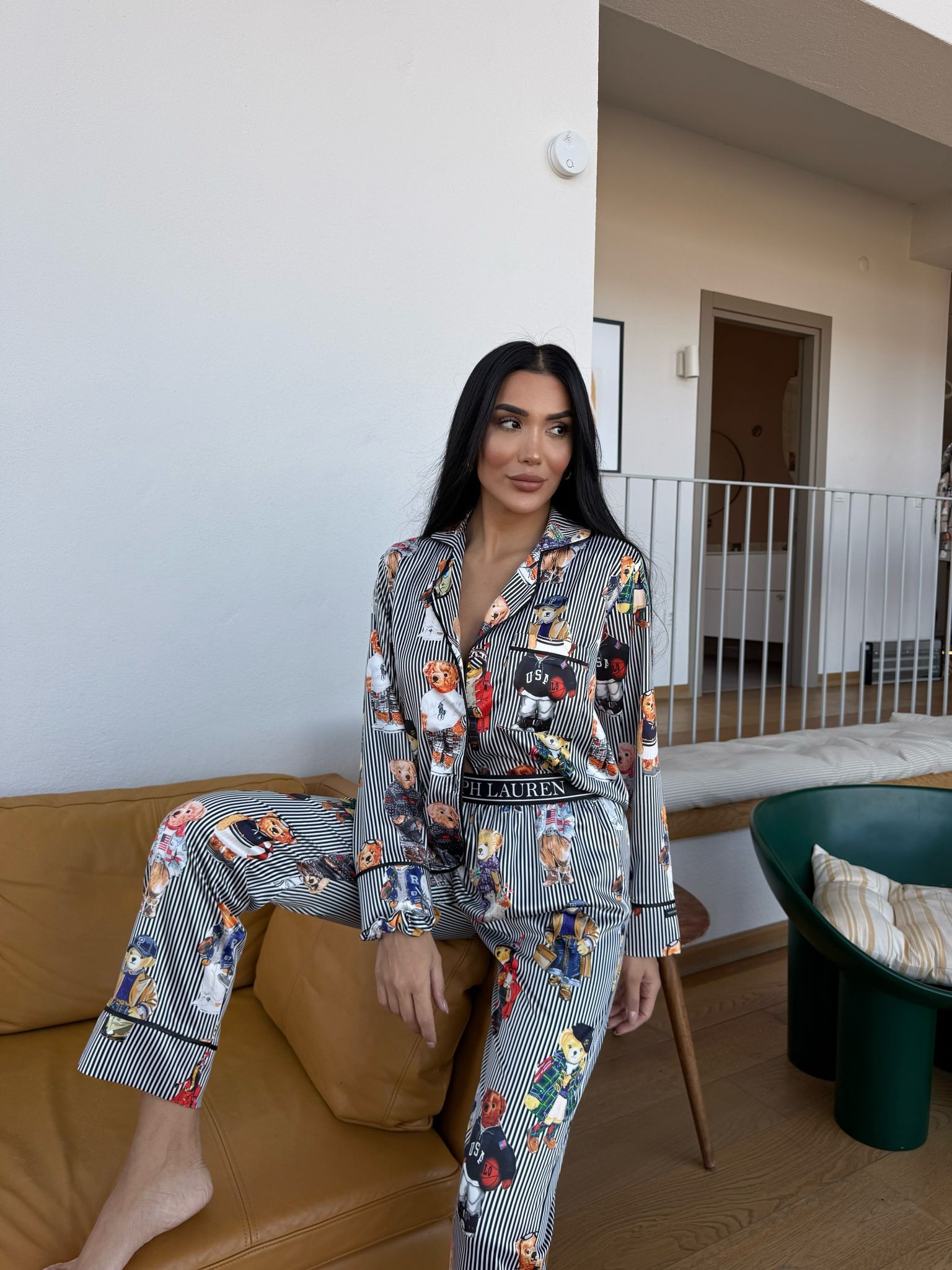 POLO Lastik Bel Siyah Çizgili Ayıcık Uzun Kollu Saten Pijama 0073