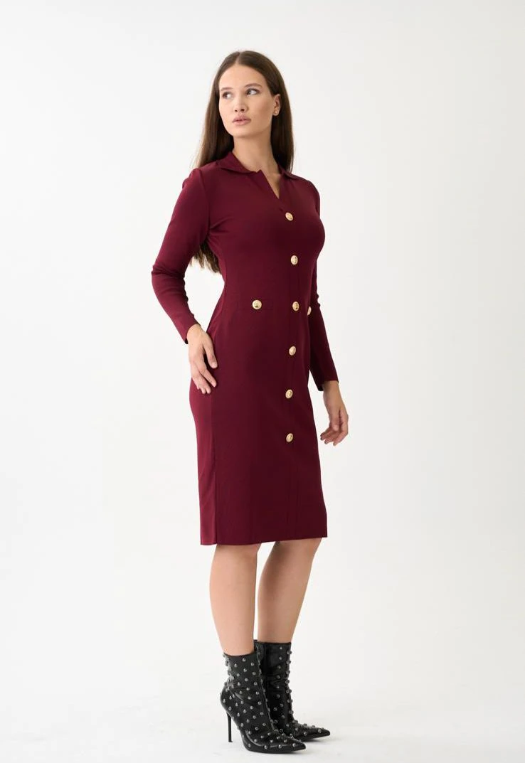Berhani Düğme Detay Bordo Kadın Elbise 130B