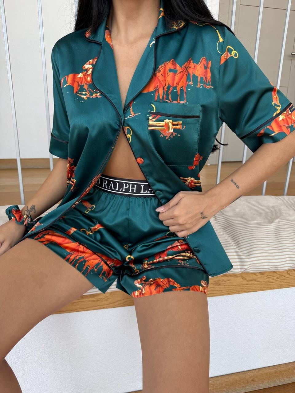 POLO Jokey Lastik Bel Yeşil Kısa Kollu Saten Pijama 0062