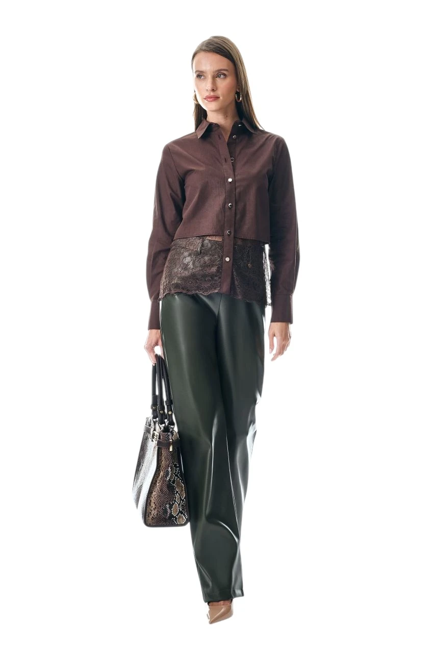 Berhani Dantel Detaylı Kahve Kadın Gömlek 18786