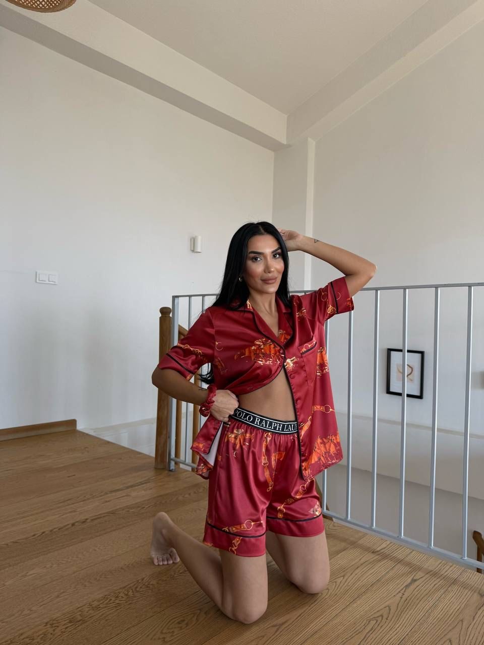 POLO Jokey Lastik Bel Bordo Kısa Kollu Saten Pijama 0061