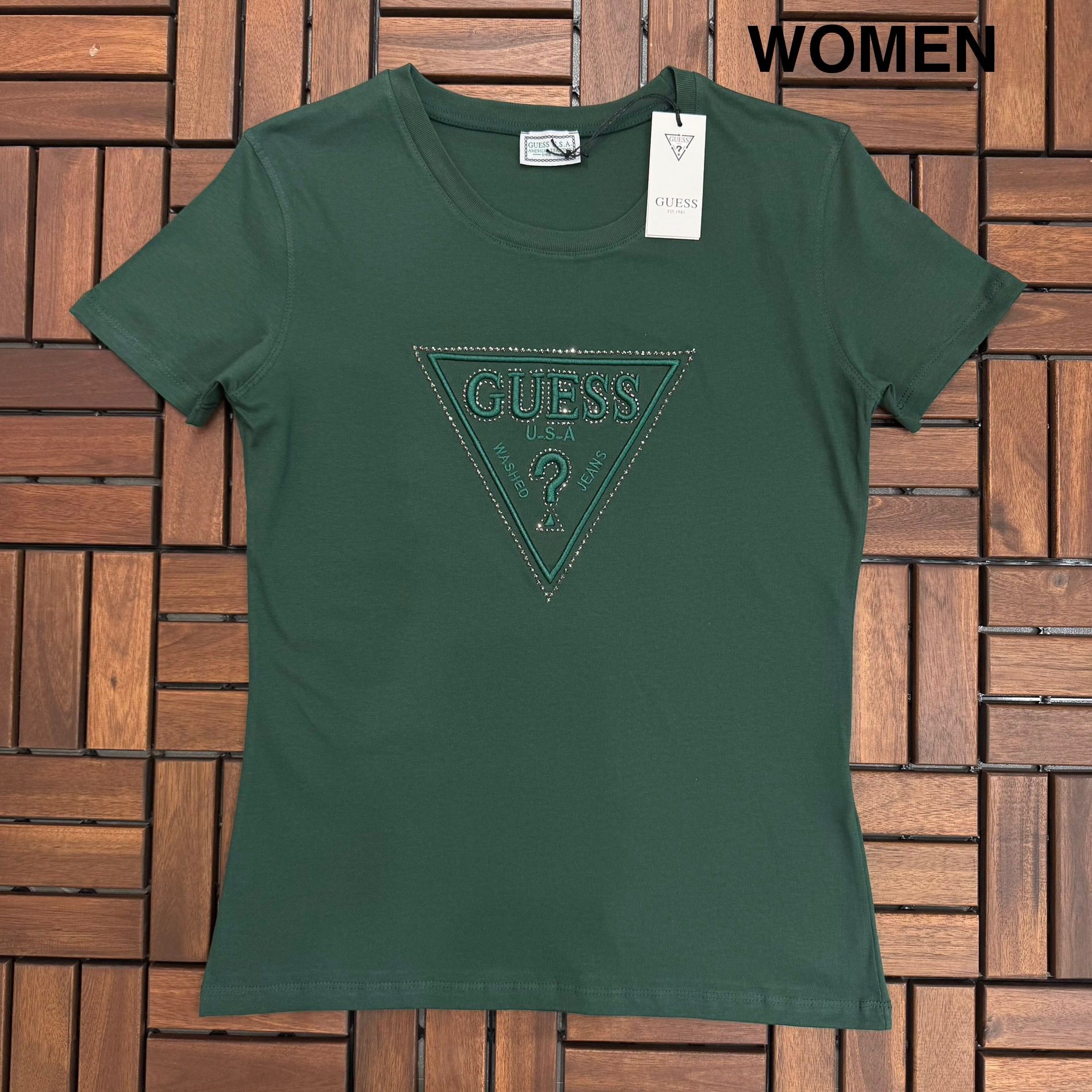 GUESS Taş İşlemeli ve Nakış Detaylı Yeşil Kadın T-Shirt BES27