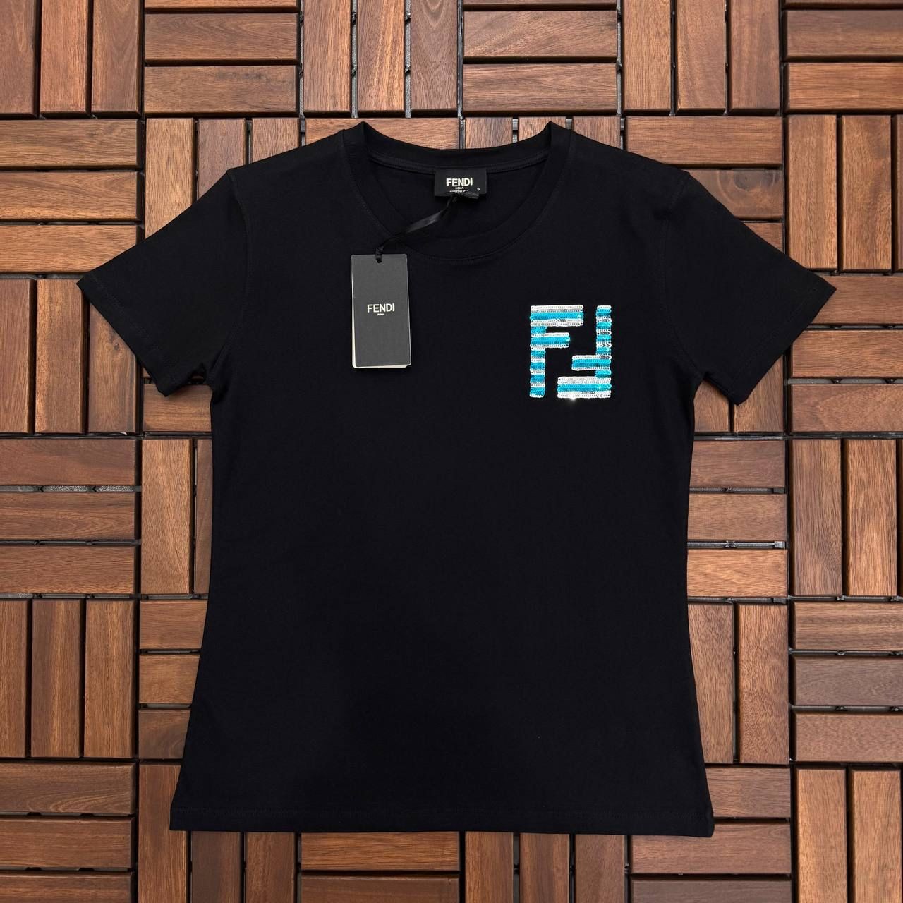 FENDI Bisiklet Yaka Pul Baskılı Siyah Kadın T-Shirt BES97