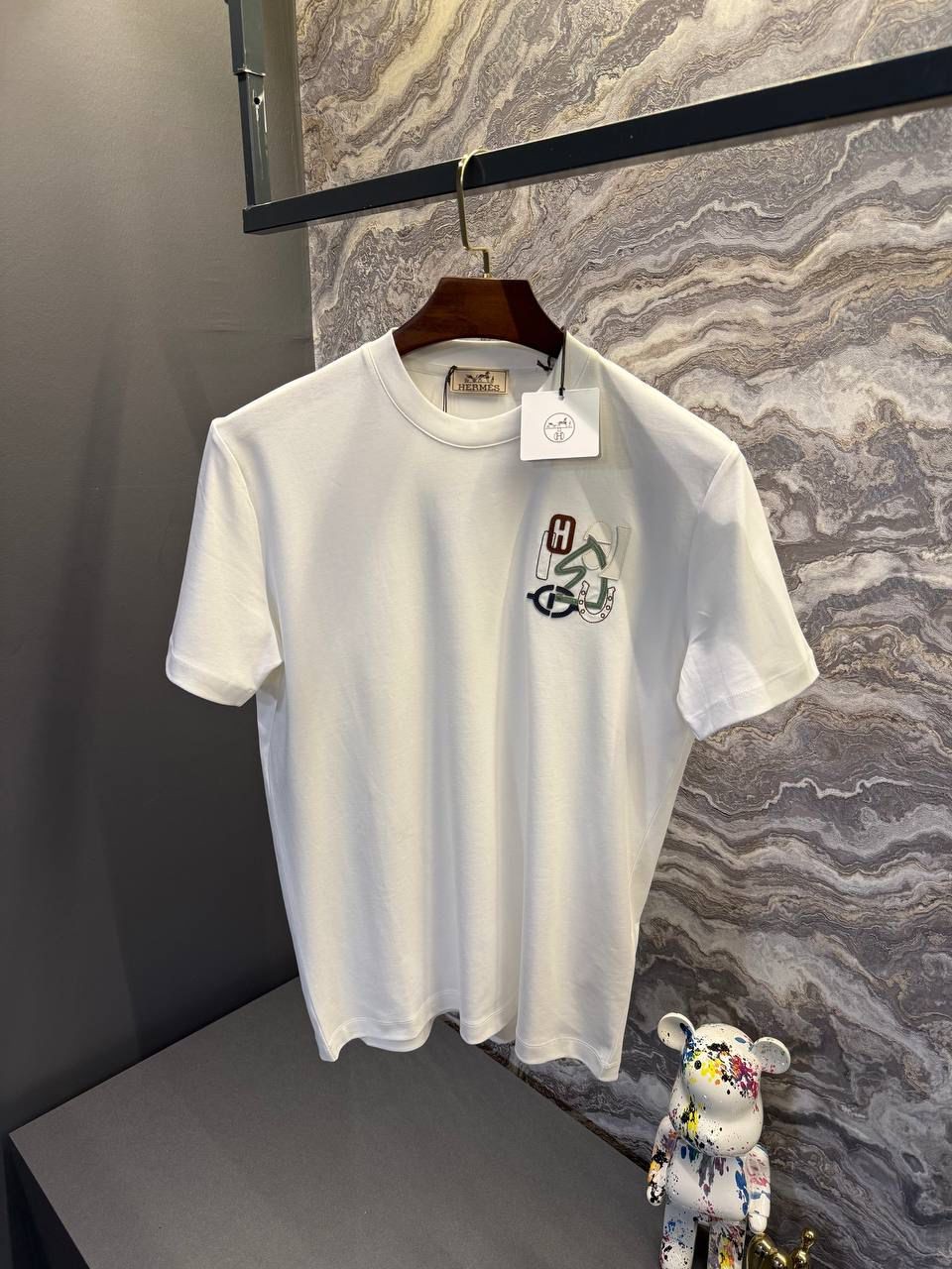 HERMES Nakış Detaylı Beyaz Erkek T-Shirt 9072