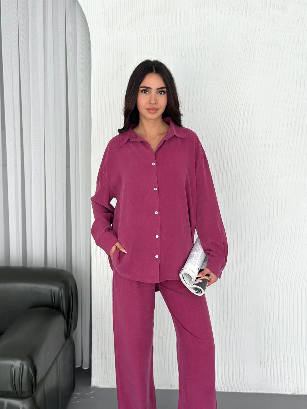 Berhani Düğmeli Bordo Kadın Takım YKM31118