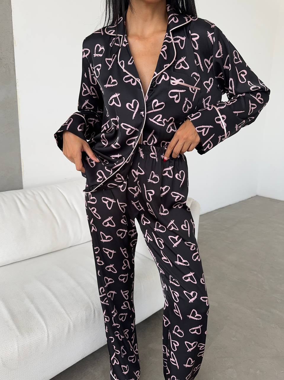 Berhani Pudra Kalp Desenli Siyah Kadın Pijama 