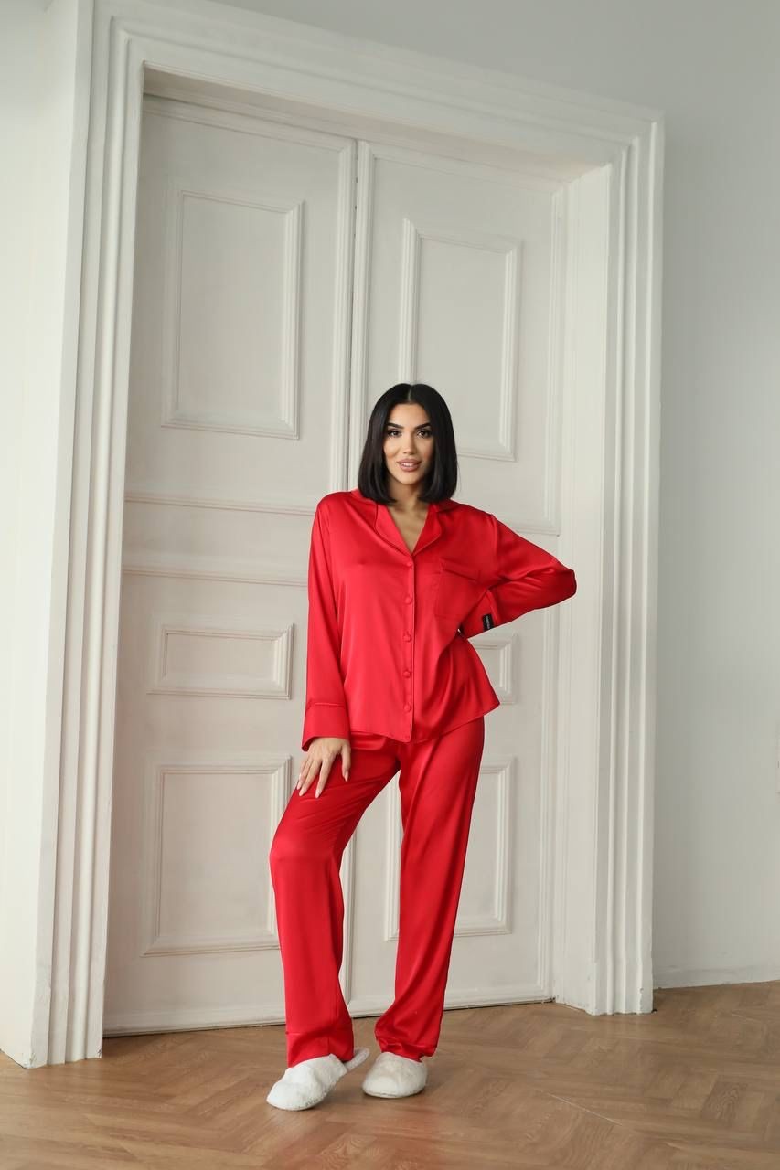 BERHANİ Kırmızı Düz Uzun Kollu Saten Pijama 1491