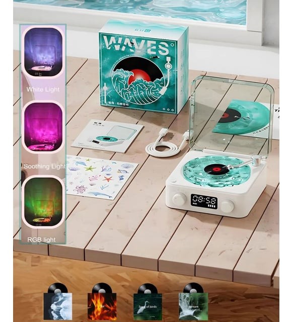 Waves Vintage Vinil Beyaz Plak Çalar Ayarlanabilir Işıklı Bluetooth Hoparlör 