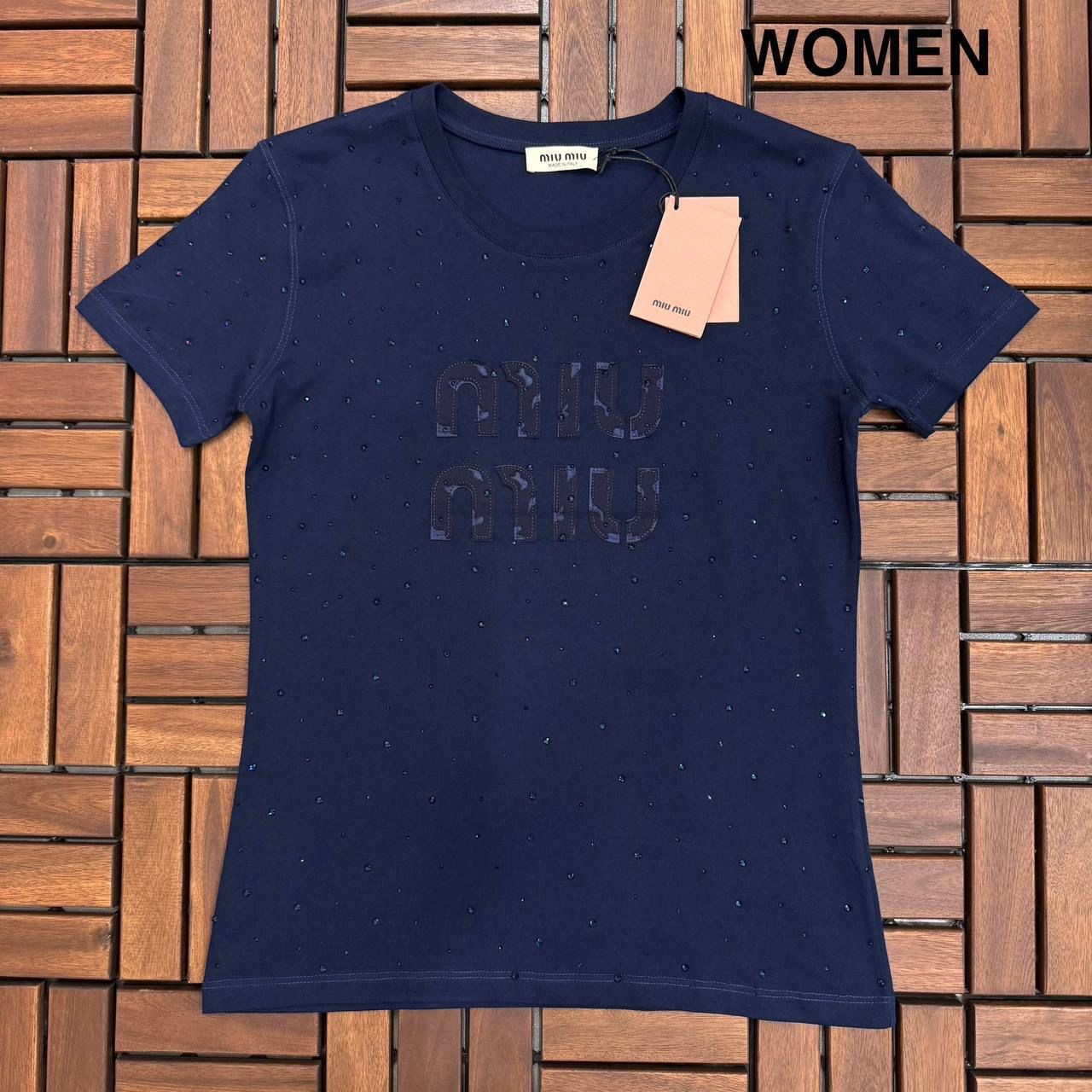 MIU MIU Taş Detaylı Lacivert Kadın T-Shirt BES11